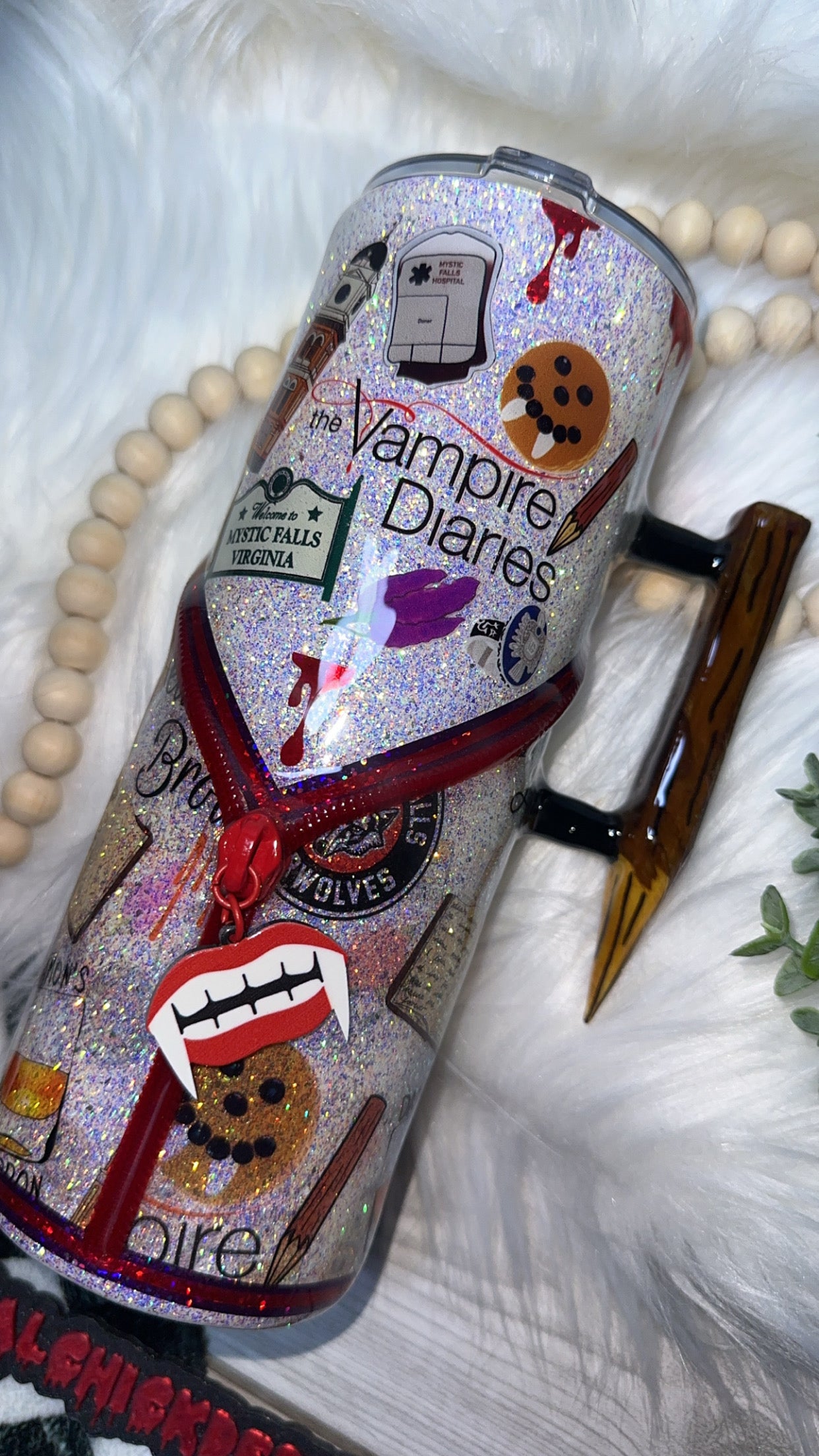 MTO {Mystic Falls Glitter Tumbler, Zipper & Charm, Stake Handle & SnowGlobe Bottom} Select Your Tumbler Style