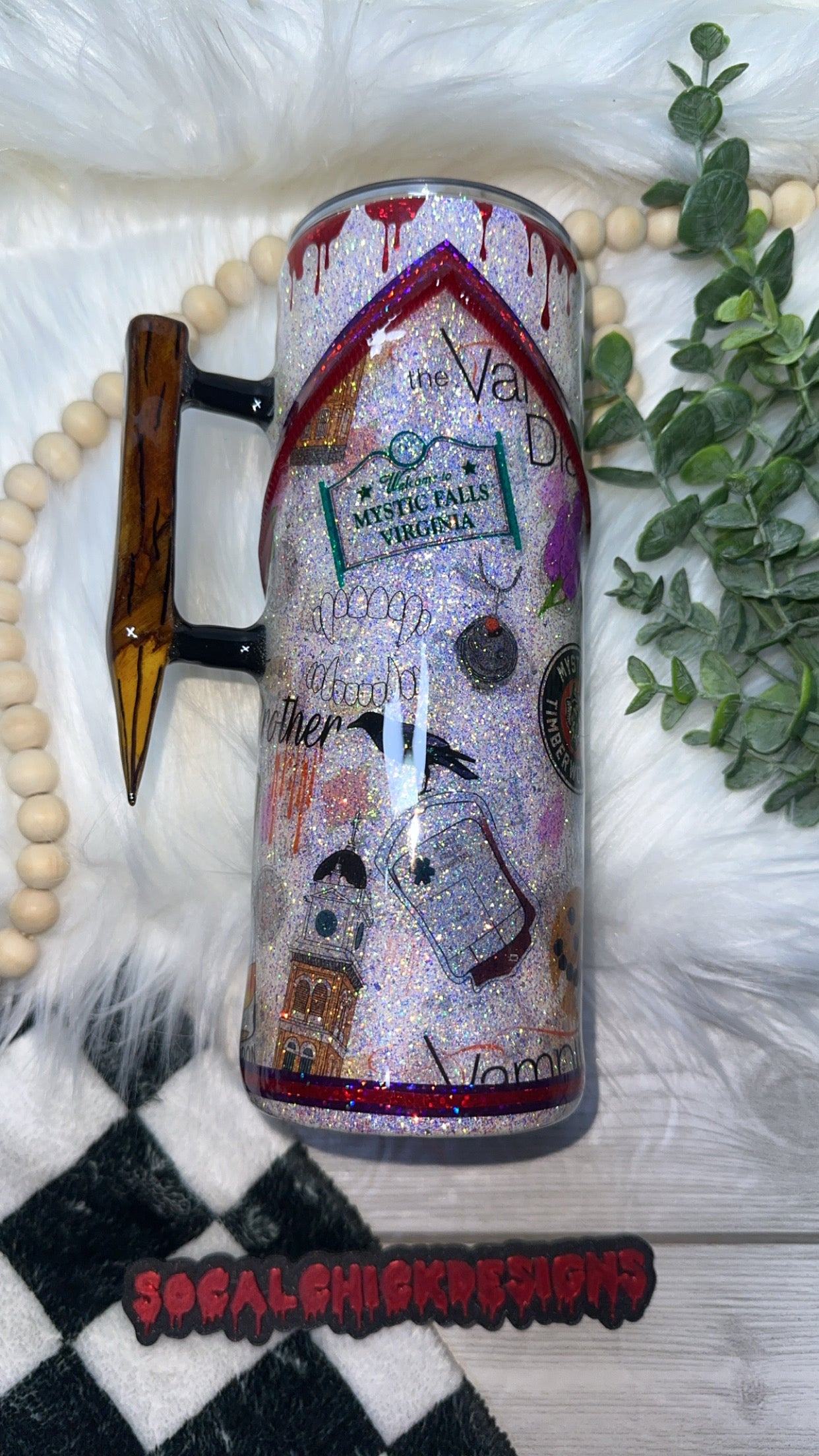 MTO {Mystic Falls Glitter Tumbler, Zipper & Charm, Stake Handle & SnowGlobe Bottom} Select Your Tumbler Style