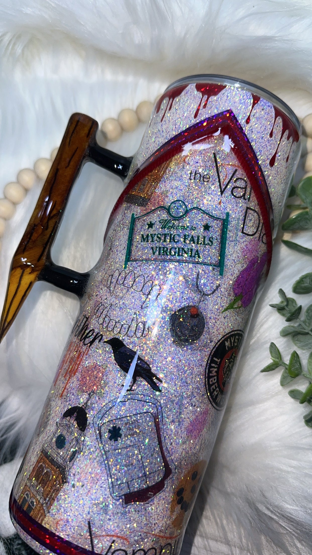 MTO {Mystic Falls Glitter Tumbler, Zipper & Charm, Stake Handle & SnowGlobe Bottom} Select Your Tumbler Style