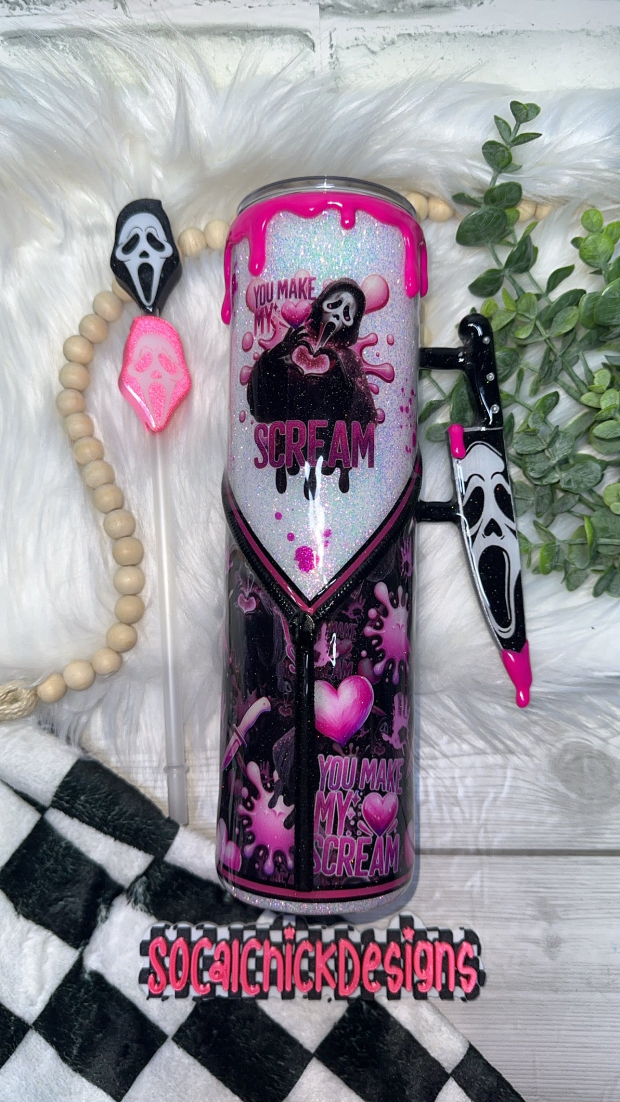RTS {You Make my Heart Scream (Hot Pink), Zipper & Charm, Knife Handle, Drip & SnowGlobe Bottom} 32oz Skinny
