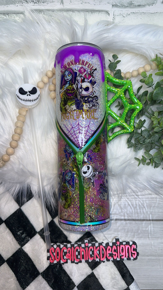RTS {A Wonderful Nightmare, Zipper & Charm, Spider Web  Handle, Drip & SnowGlobe Bottom} 32oz Skinny