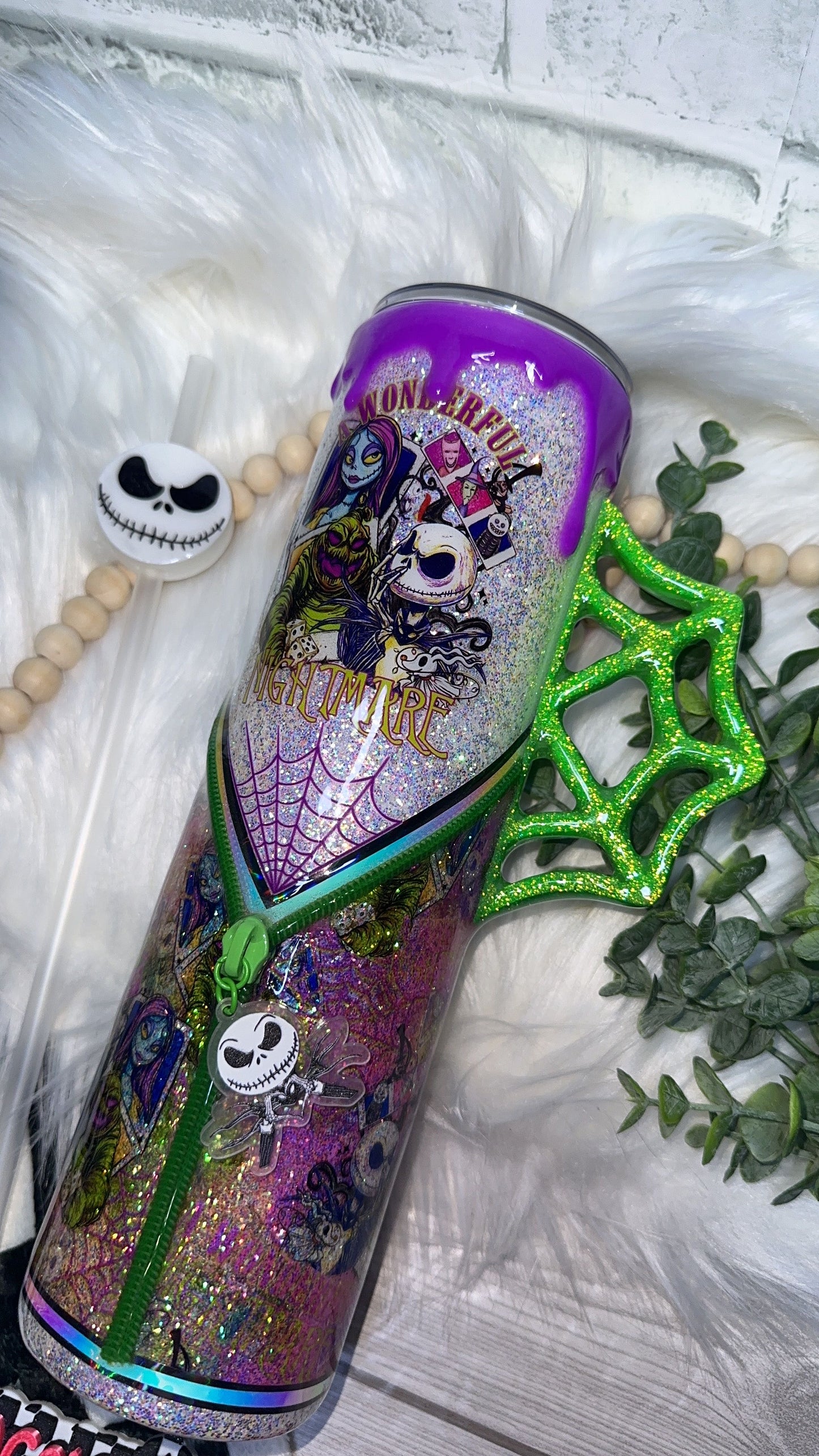 RTS {A Wonderful Nightmare, Zipper & Charm, Spider Web  Handle, Drip & SnowGlobe Bottom} 32oz Skinny