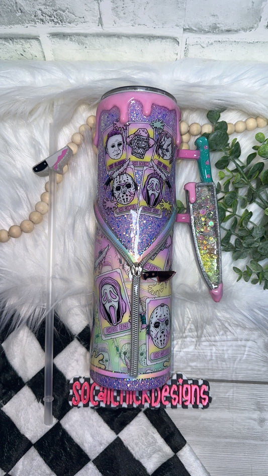 RTS {Pastel Tarot Card Slashers, Zipper & Charm, Snowglobe Knife Handle, Drip & SnowGlobe Bottom} 32oz Skinny