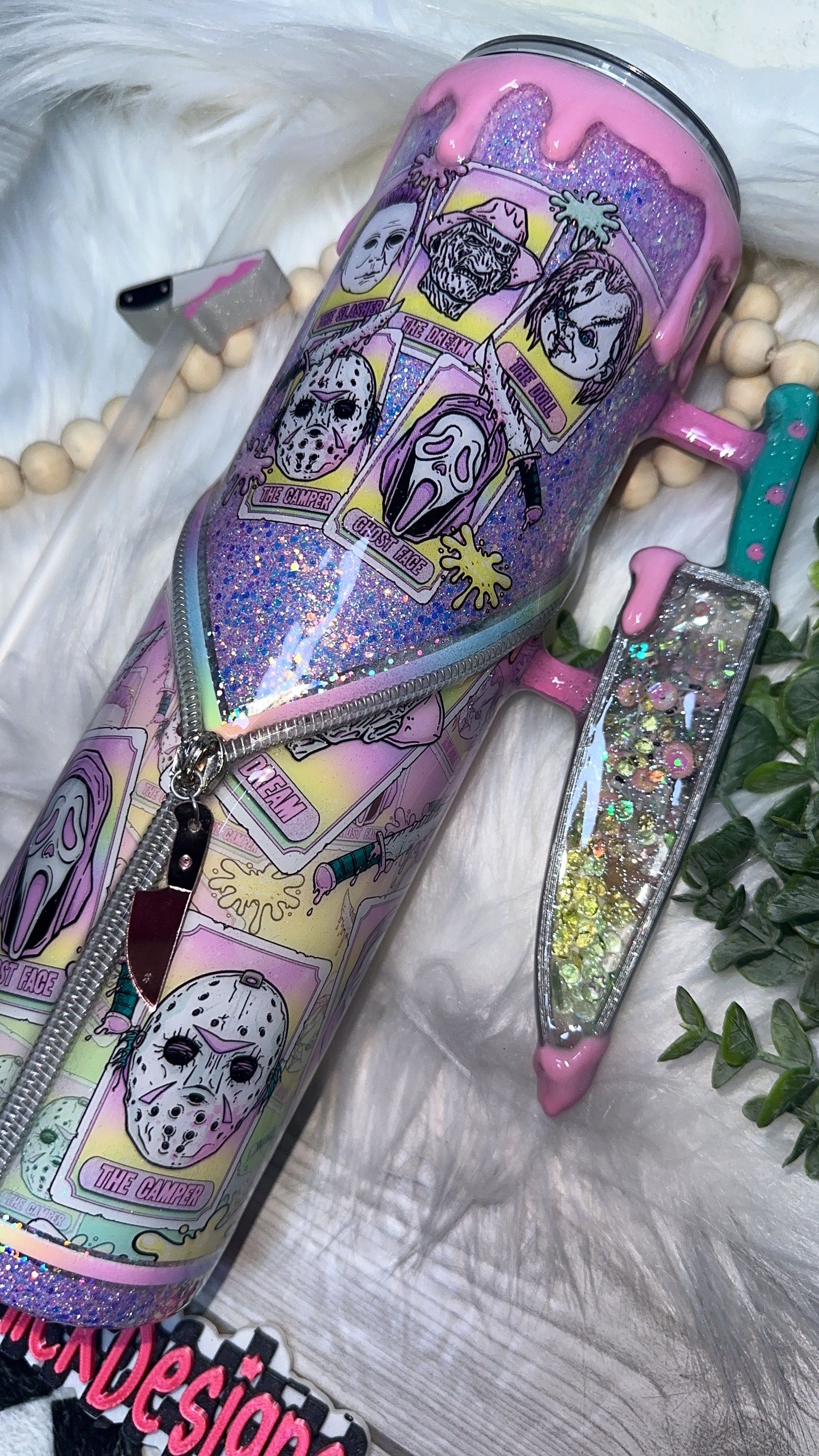 RTS {Pastel Tarot Card Slashers, Zipper & Charm, Snowglobe Knife Handle, Drip & SnowGlobe Bottom} 32oz Skinny