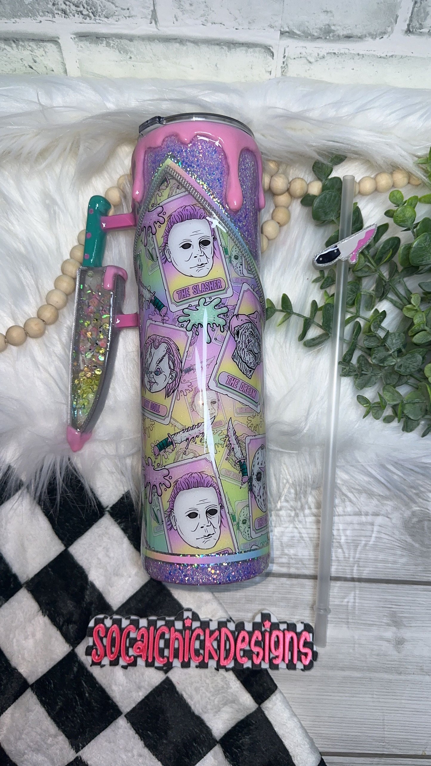 RTS {Pastel Tarot Card Slashers, Zipper & Charm, Snowglobe Knife Handle, Drip & SnowGlobe Bottom} 32oz Skinny