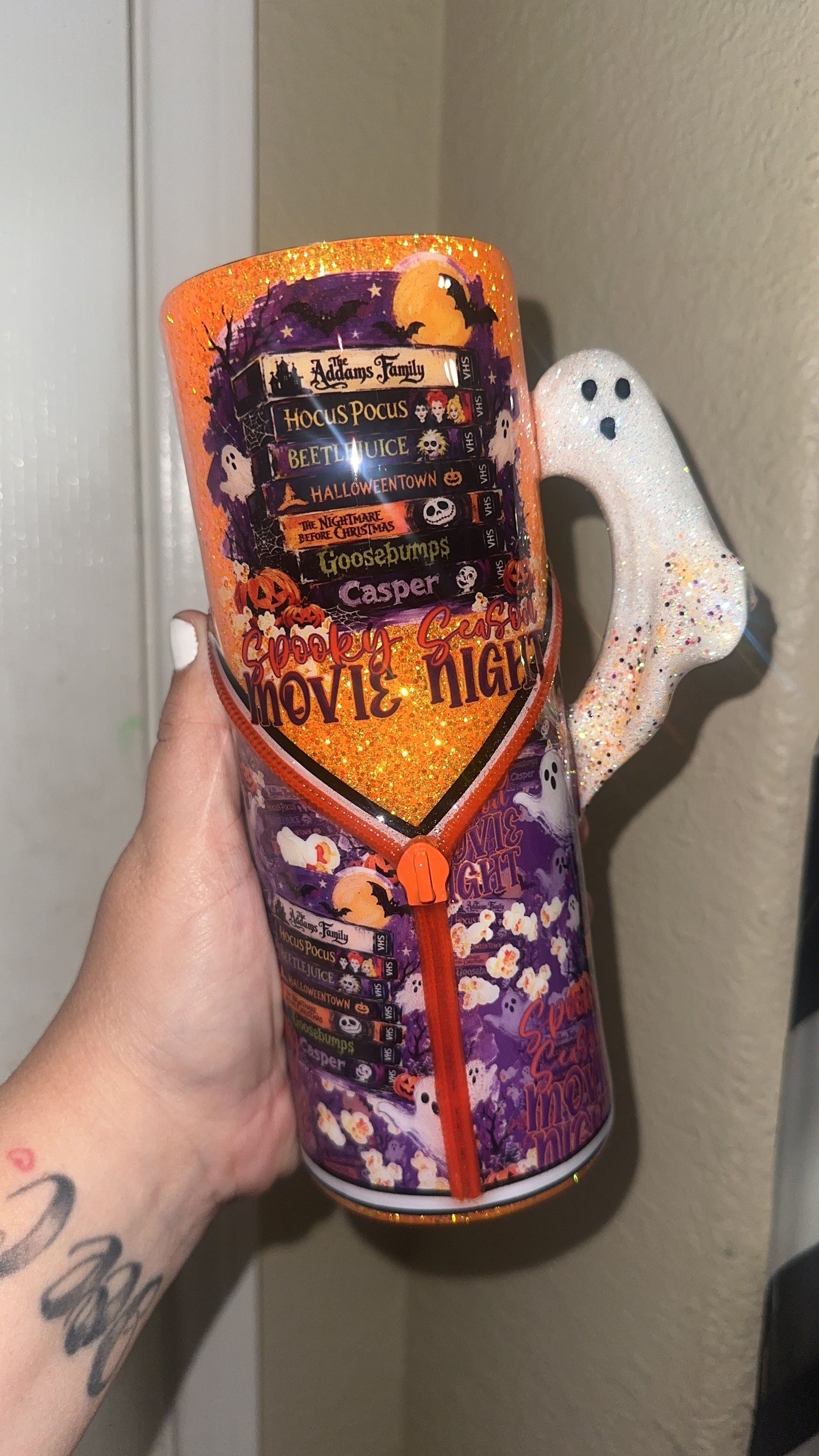 RTS {Spooky Season Movie Night, Zipper & Charm, Ghost Handle, Drip & SnowGlobe Bottom} 24oz Skinny