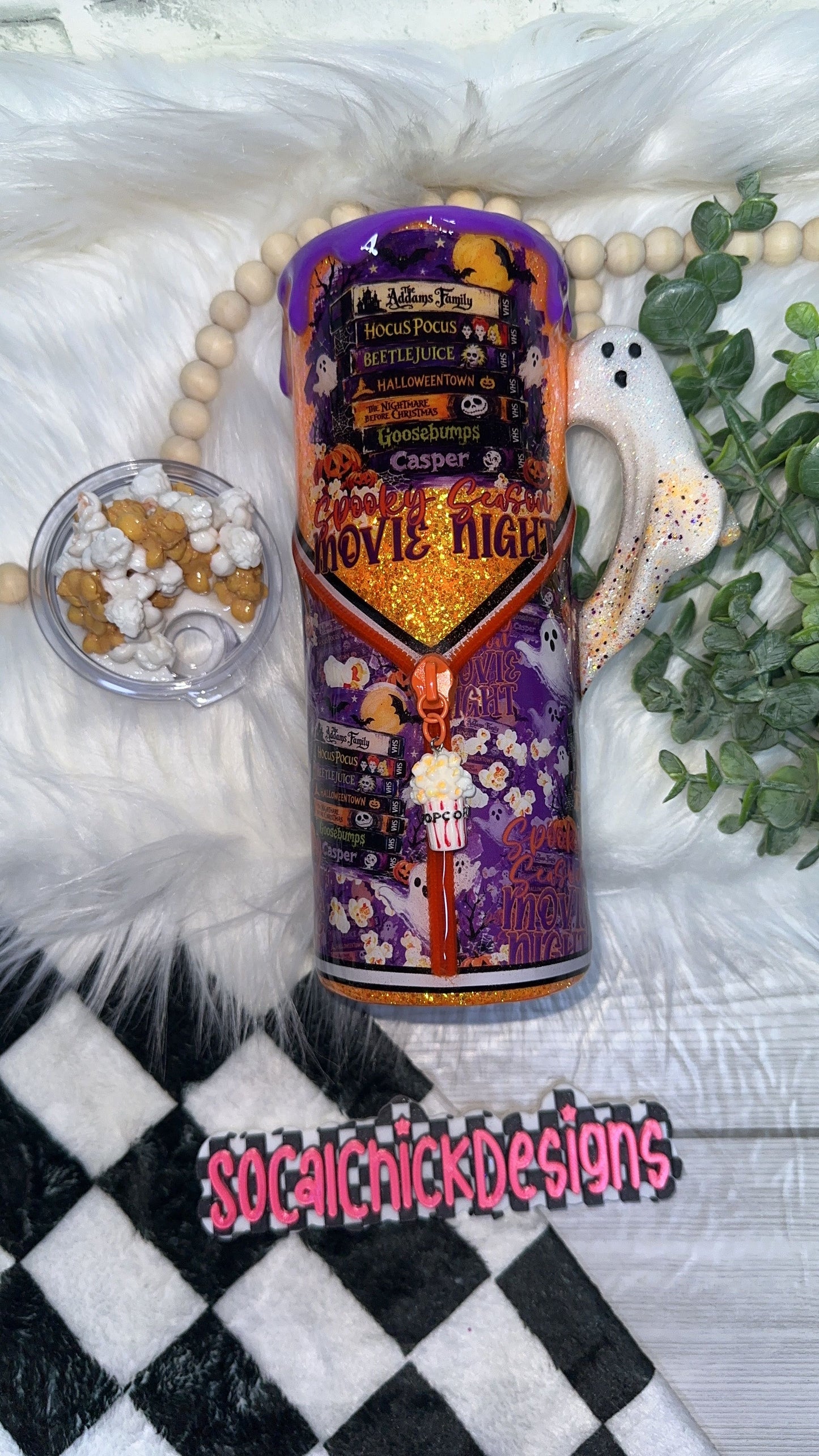 MTO {Spooky Season Movie Night, Zipper & Charm, Ghost Handle & SnowGlobe Bottom} Select Your Tumbler Style