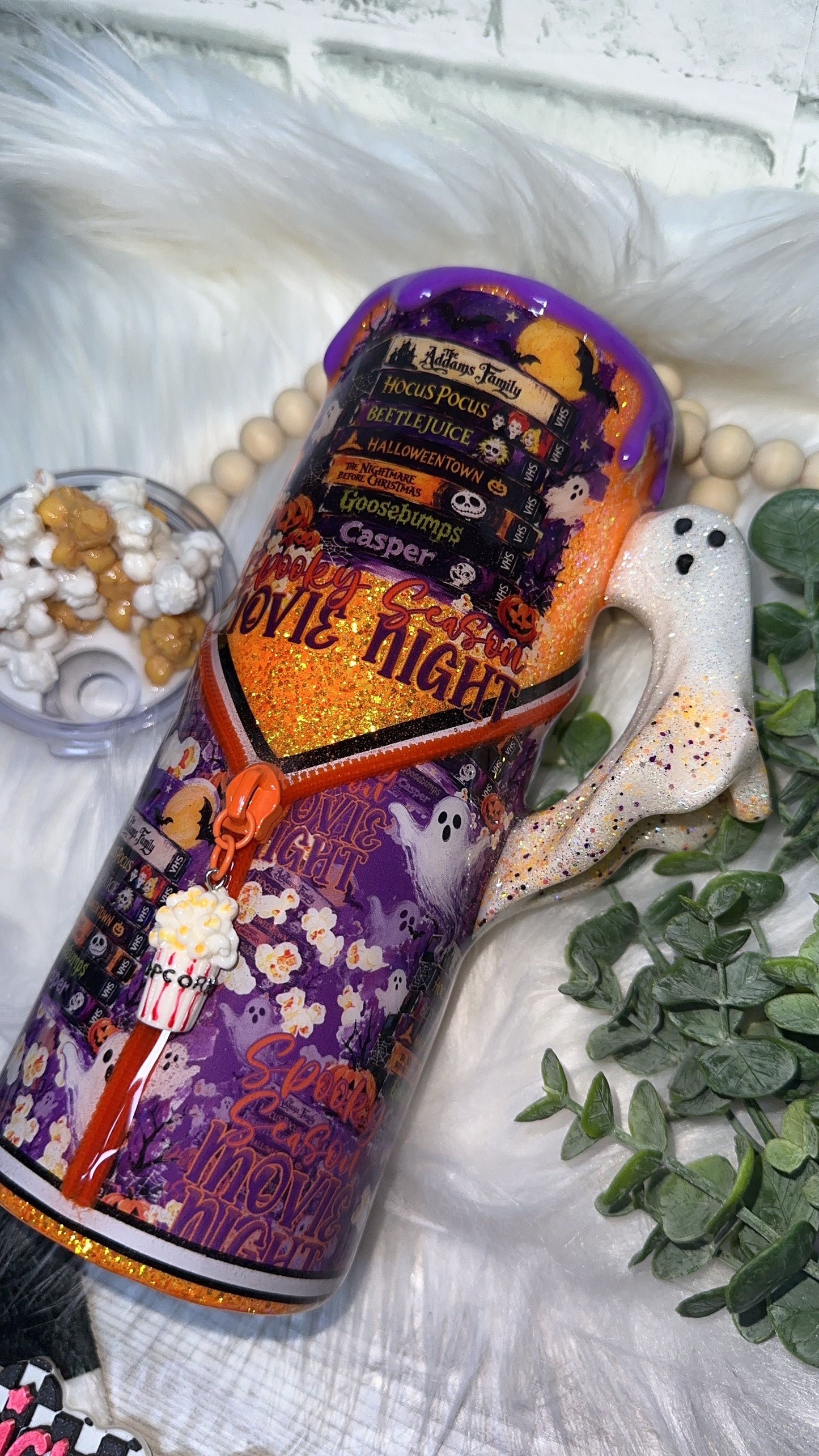 MTO {Spooky Season Movie Night, Zipper & Charm, Ghost Handle & SnowGlobe Bottom} Select Your Tumbler Style