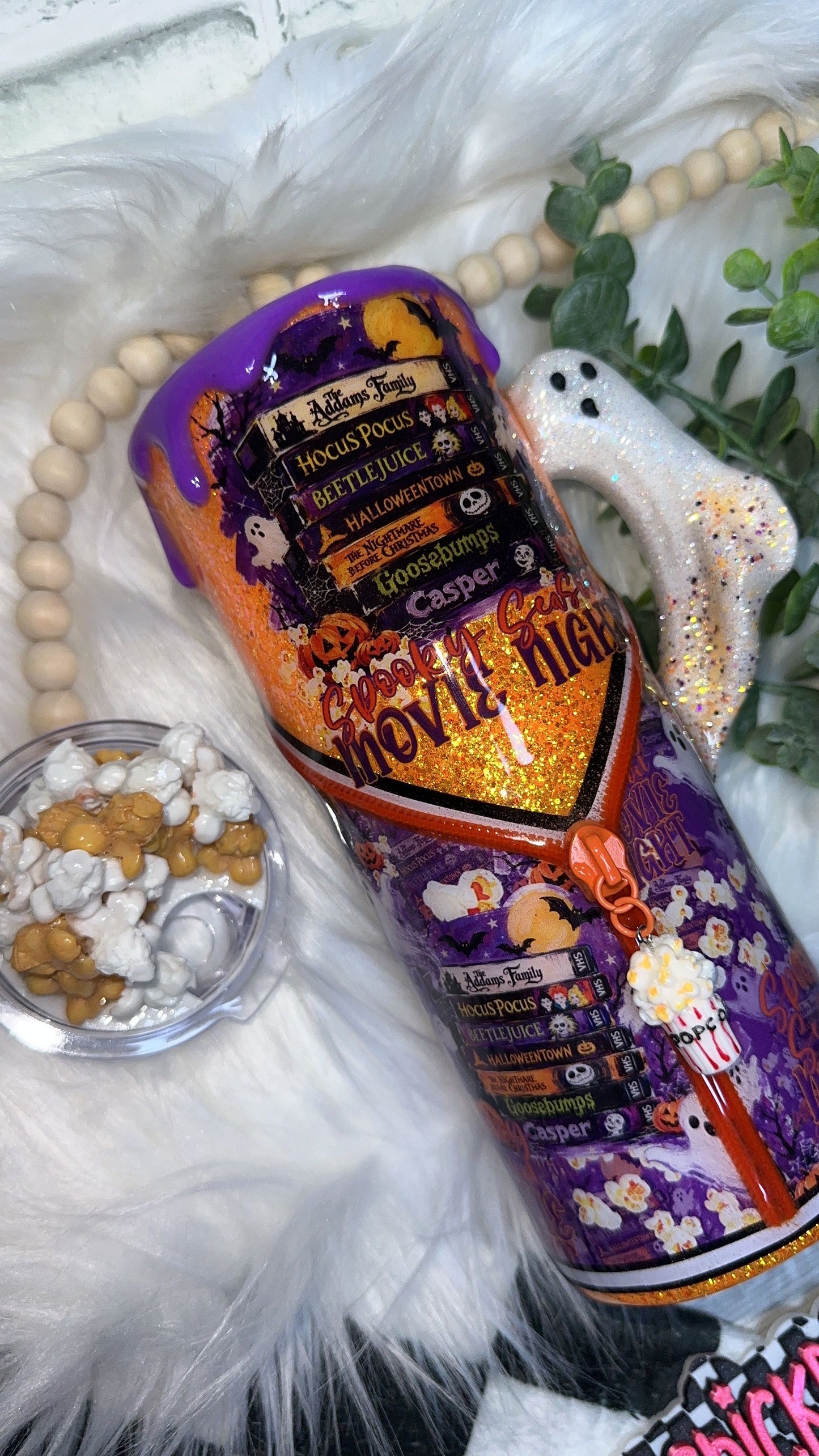 MTO {Spooky Season Movie Night, Zipper & Charm, Ghost Handle & SnowGlobe Bottom} Select Your Tumbler Style