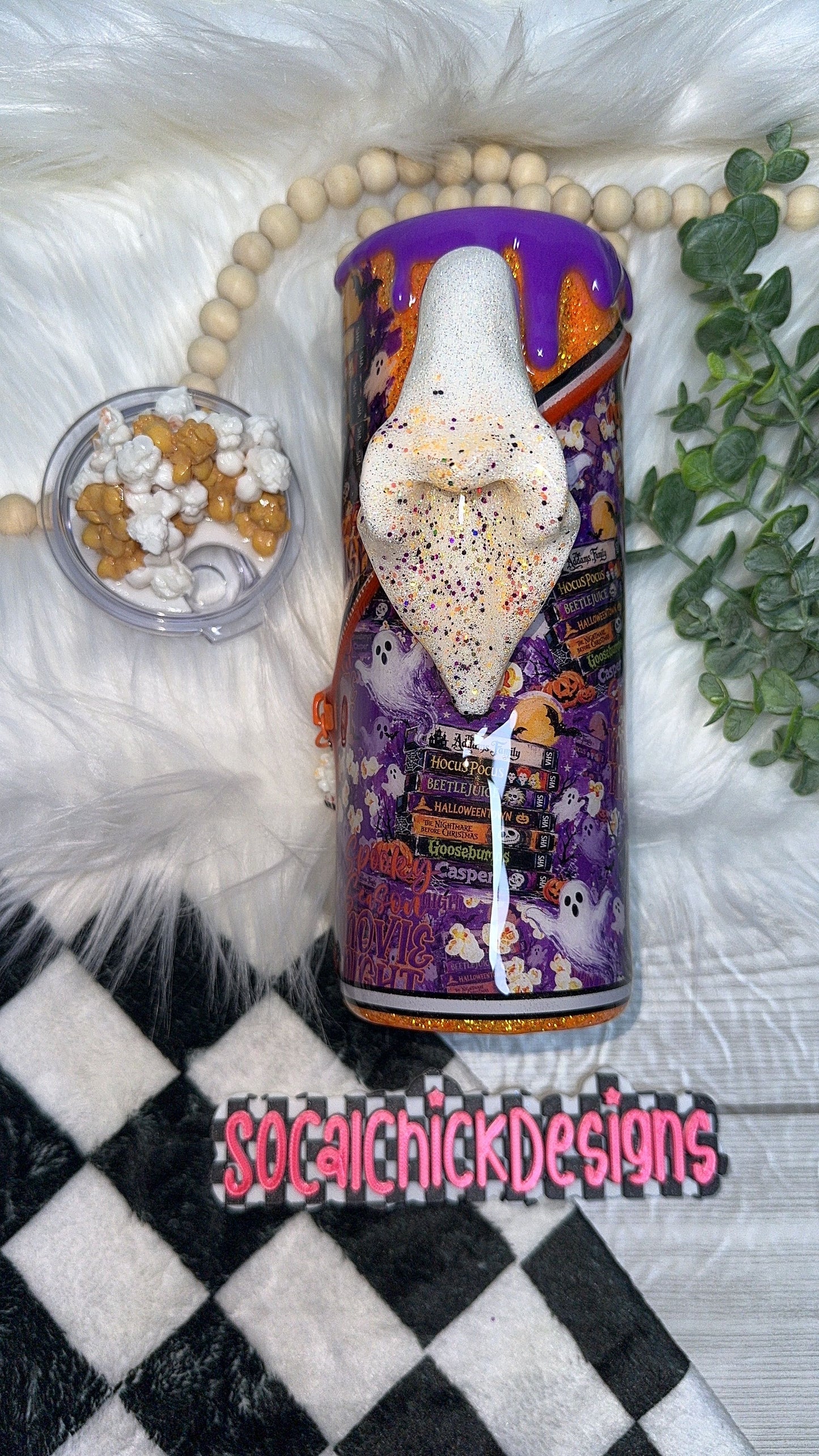MTO {Spooky Season Movie Night, Zipper & Charm, Ghost Handle & SnowGlobe Bottom} Select Your Tumbler Style