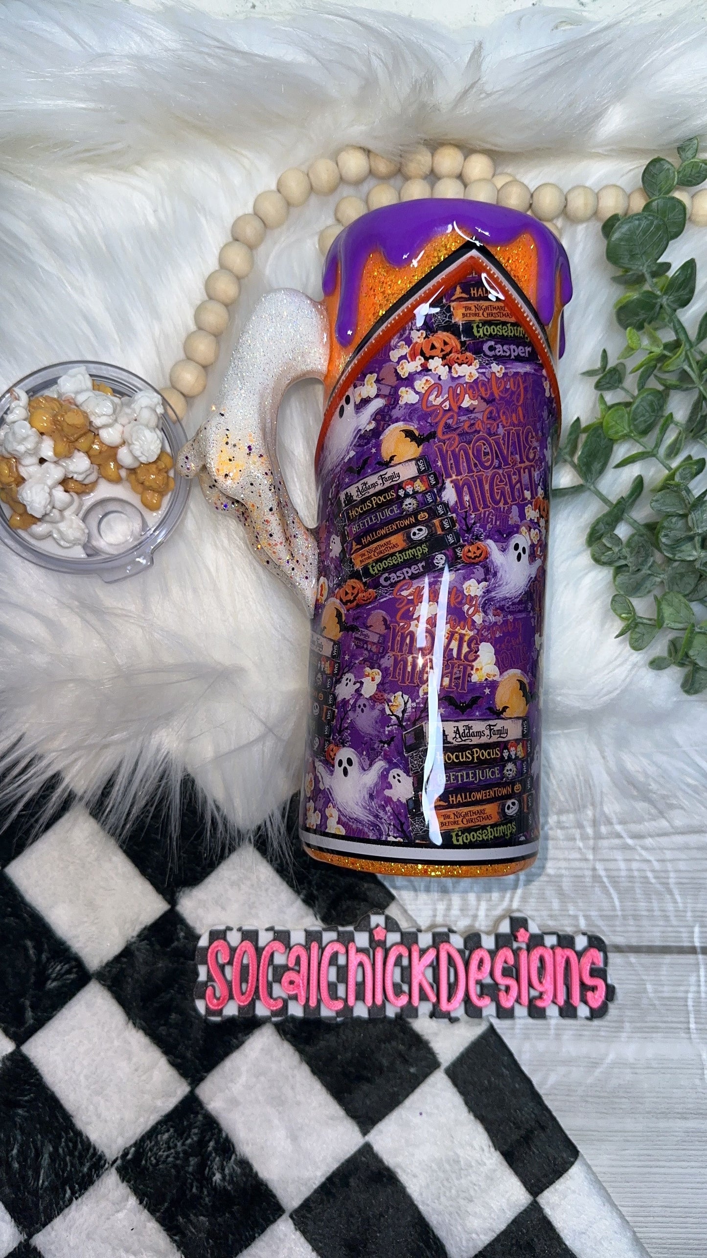 MTO {Spooky Season Movie Night, Zipper & Charm, Ghost Handle & SnowGlobe Bottom} Select Your Tumbler Style