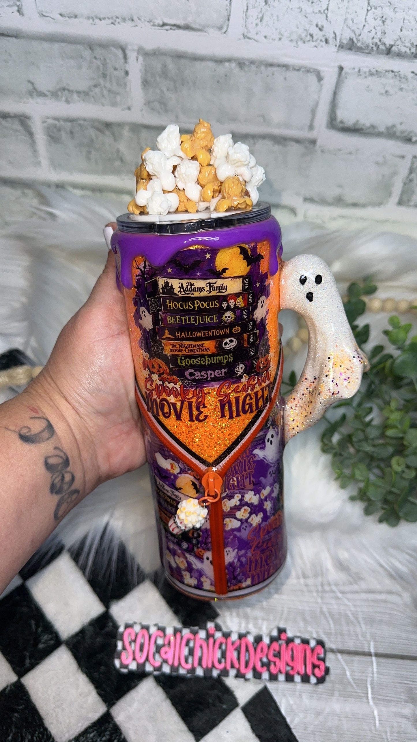 MTO {Spooky Season Movie Night, Zipper & Charm, Ghost Handle & SnowGlobe Bottom} Select Your Tumbler Style
