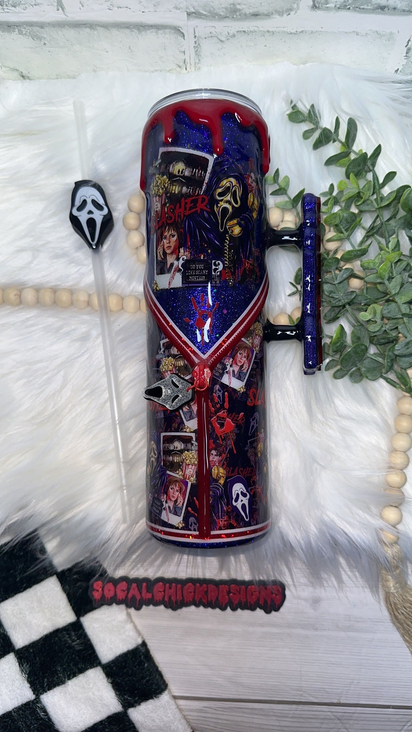 RTS {Ghost Slasher Polaroid w Acrylic SCREAM Handle, SnowGlobe Bottom & Drip} 32oz Skinny
