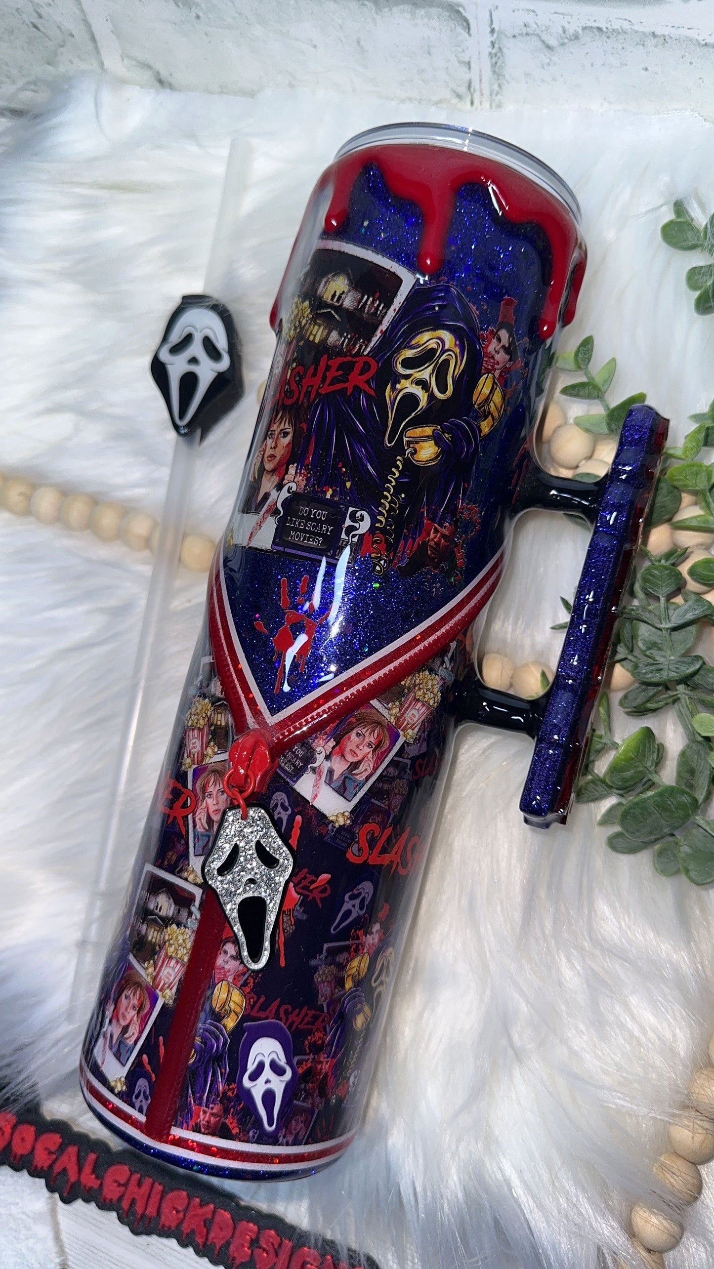 RTS {Ghost Slasher Polaroid w Acrylic SCREAM Handle, SnowGlobe Bottom & Drip} 32oz Skinny