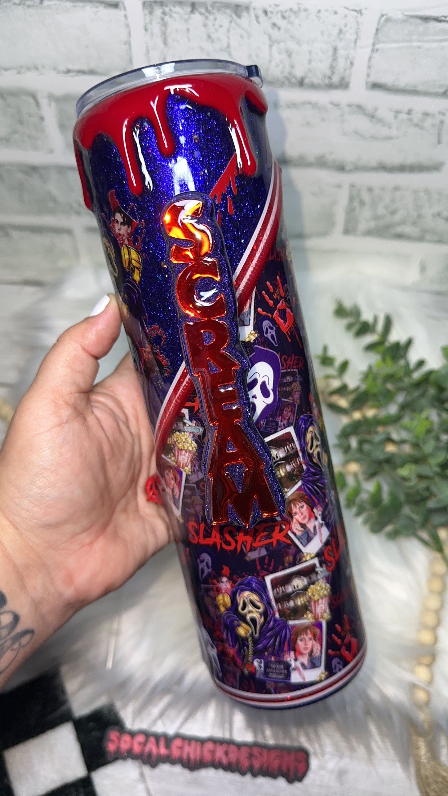 RTS {Ghost Slasher Polaroid w Acrylic SCREAM Handle, SnowGlobe Bottom & Drip} 32oz Skinny