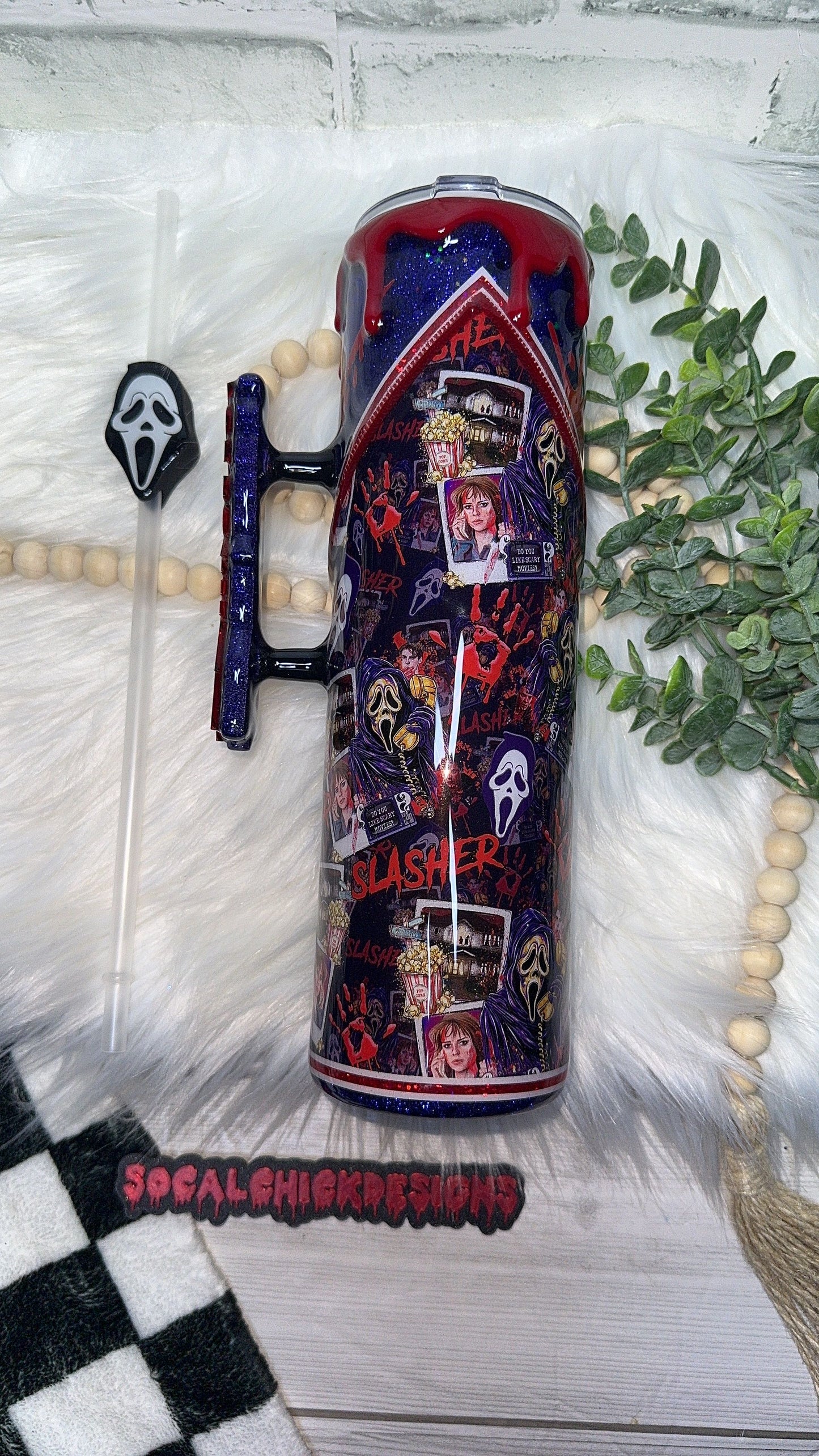 RTS {Ghost Slasher Polaroid w Acrylic SCREAM Handle, SnowGlobe Bottom & Drip} 32oz Skinny
