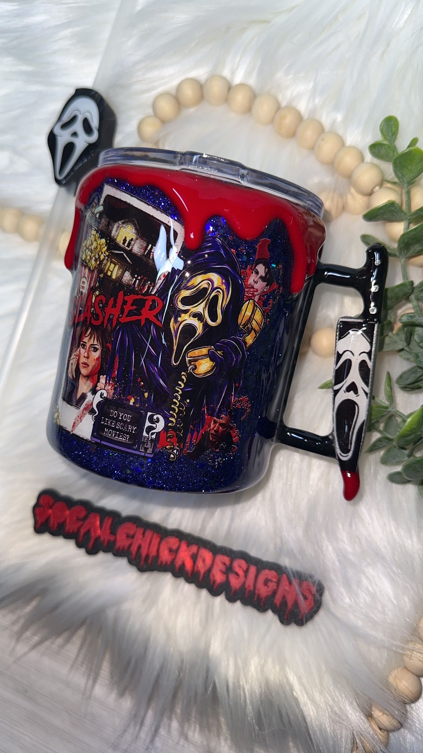 RTS {Ghost Slasher Polaroid w Mini Knife Handle, SnowGlobe Bottom & Drip} 12oz Mug