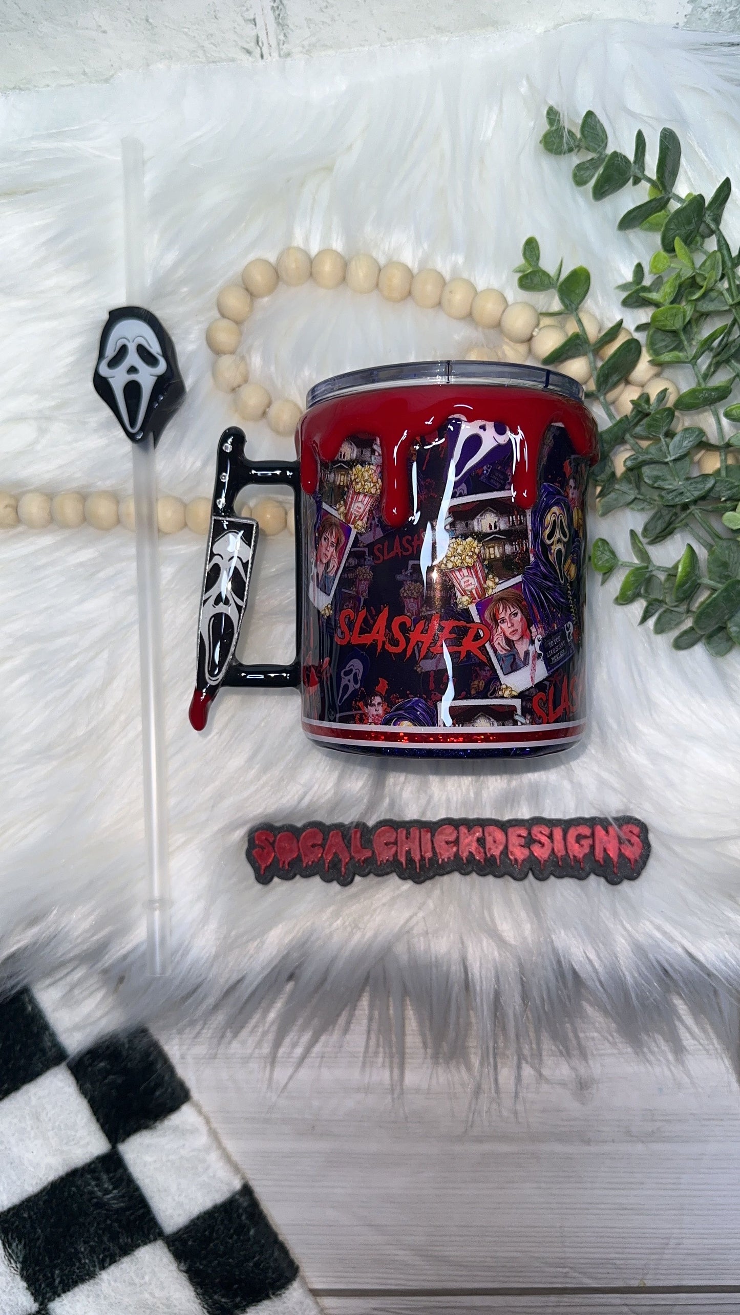 RTS {Ghost Slasher Polaroid w Mini Knife Handle, SnowGlobe Bottom & Drip} 12oz Mug