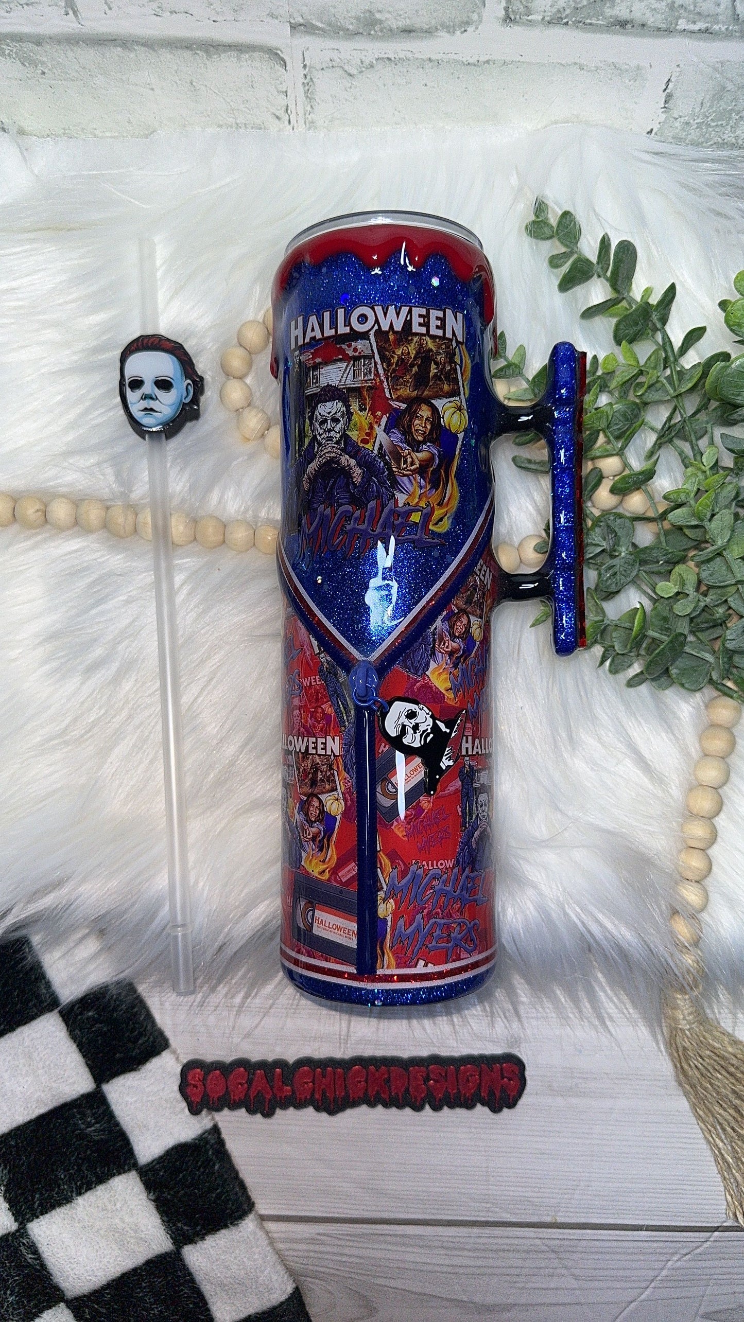 RTS {Michael Slasher Polaroid w Acrylic MICHAEL Handle, SnowGlobe Bottom & Drip} 32oz Skinny)
