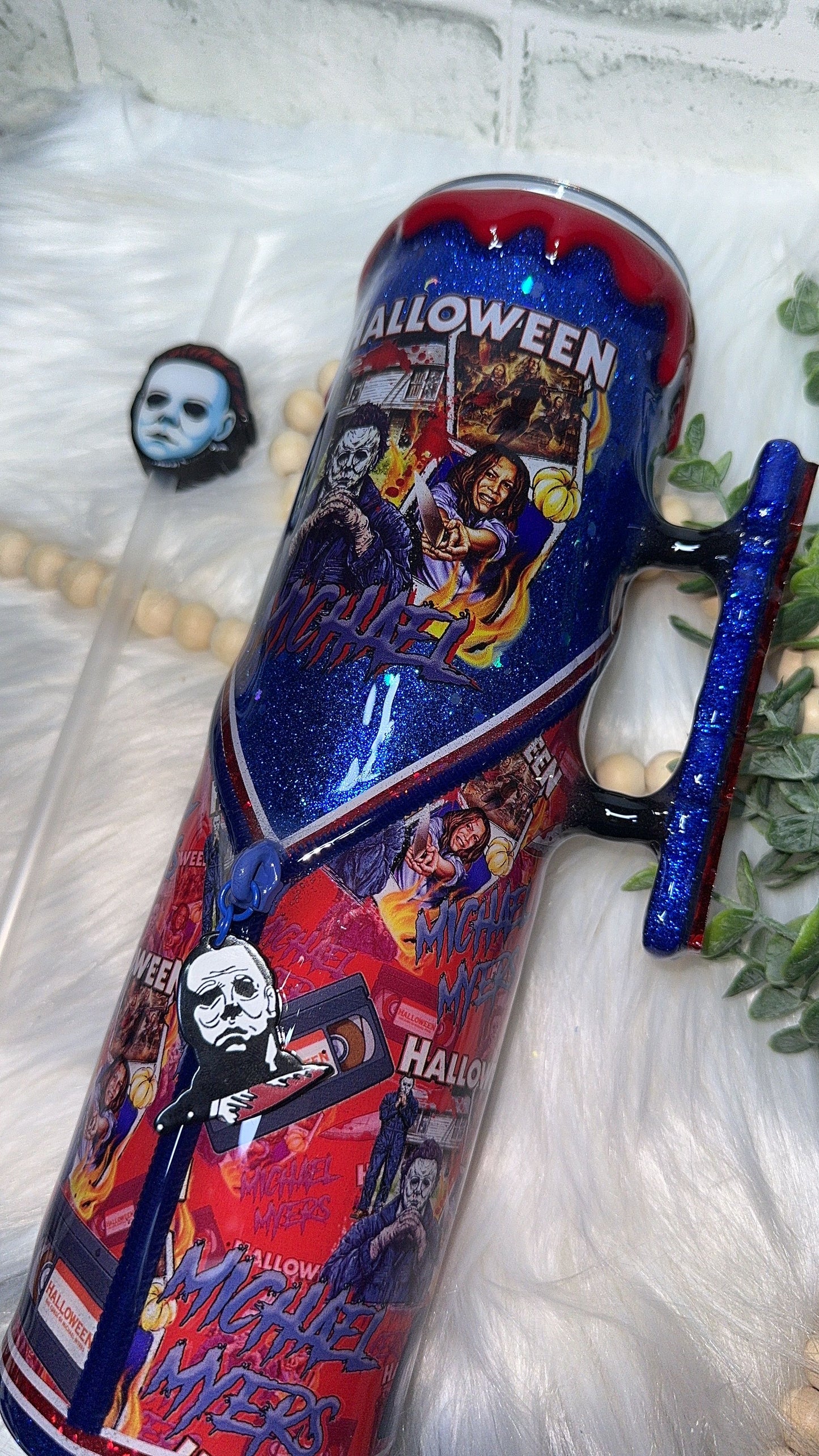 RTS {Michael Slasher Polaroid w Acrylic MICHAEL Handle, SnowGlobe Bottom & Drip} 32oz Skinny)