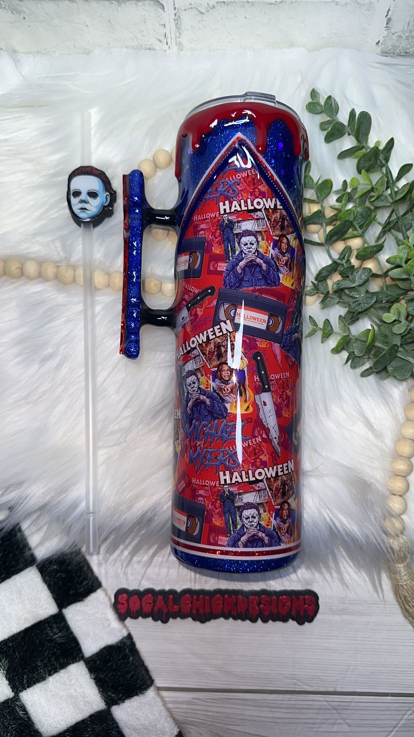 RTS {Michael Slasher Polaroid w Acrylic MICHAEL Handle, SnowGlobe Bottom & Drip} 32oz Skinny)