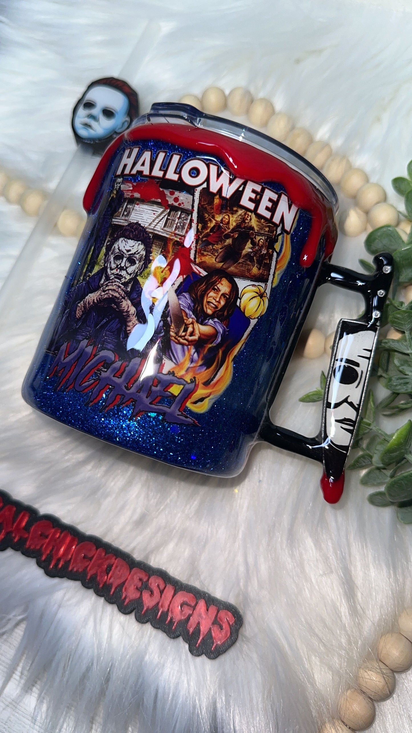 RTS {Michael Slasher Polaroid w Mini Knife Handle, SnowGlobe Bottom & Drip} 12oz Mug