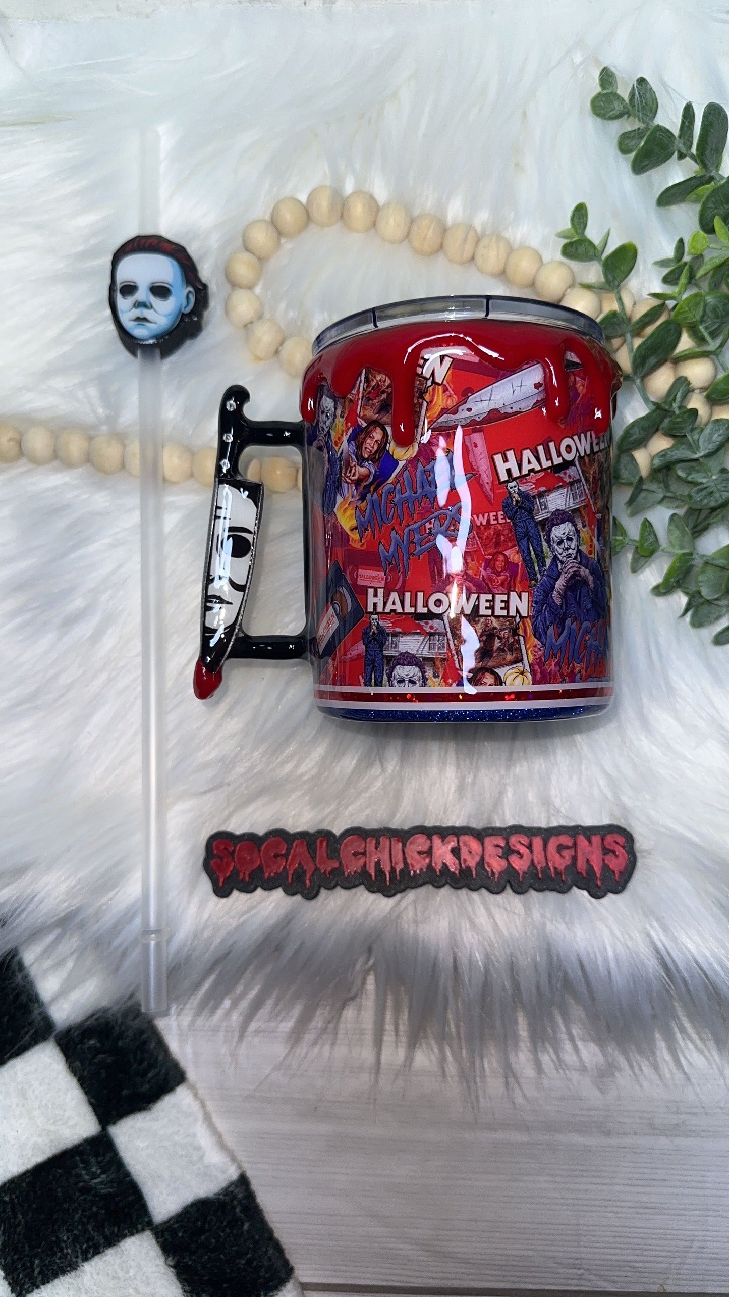 RTS {Michael Slasher Polaroid w Mini Knife Handle, SnowGlobe Bottom & Drip} 12oz Mug