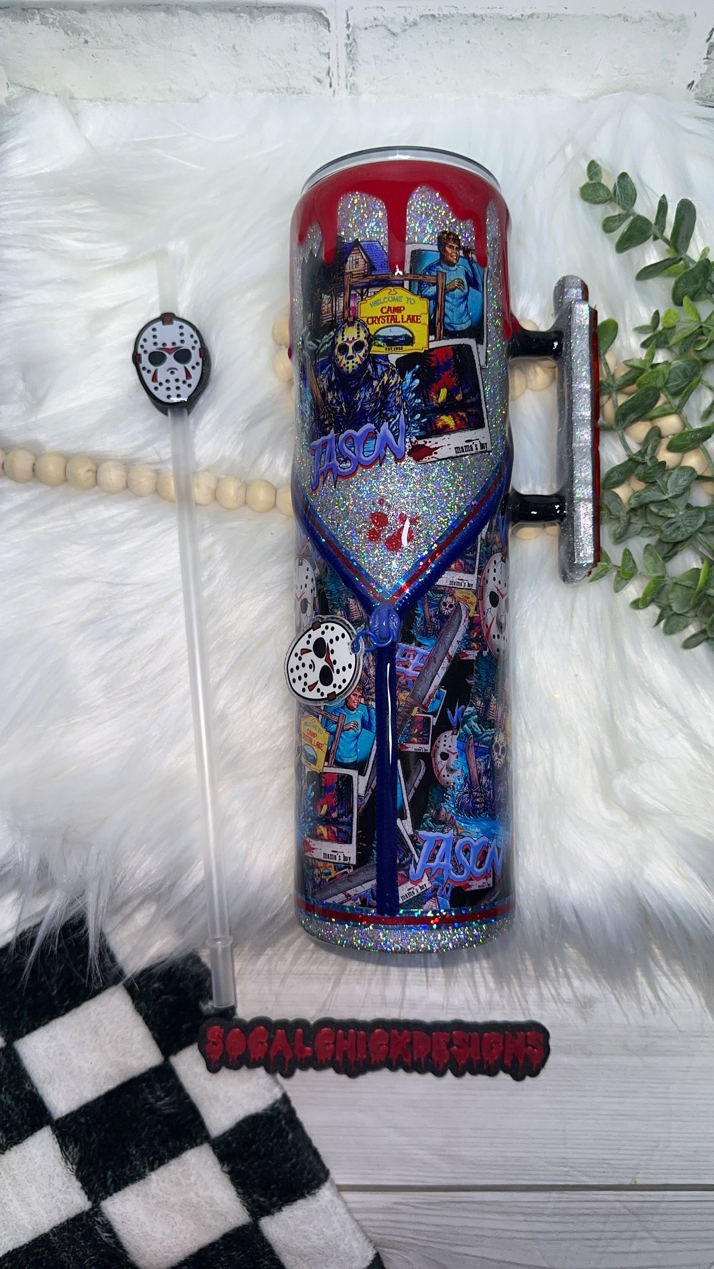 RTS {Jason Slasher Polaroid w Acrylic JASON Handle, SnowGlobe Bottom & Drip} 32oz Skinny