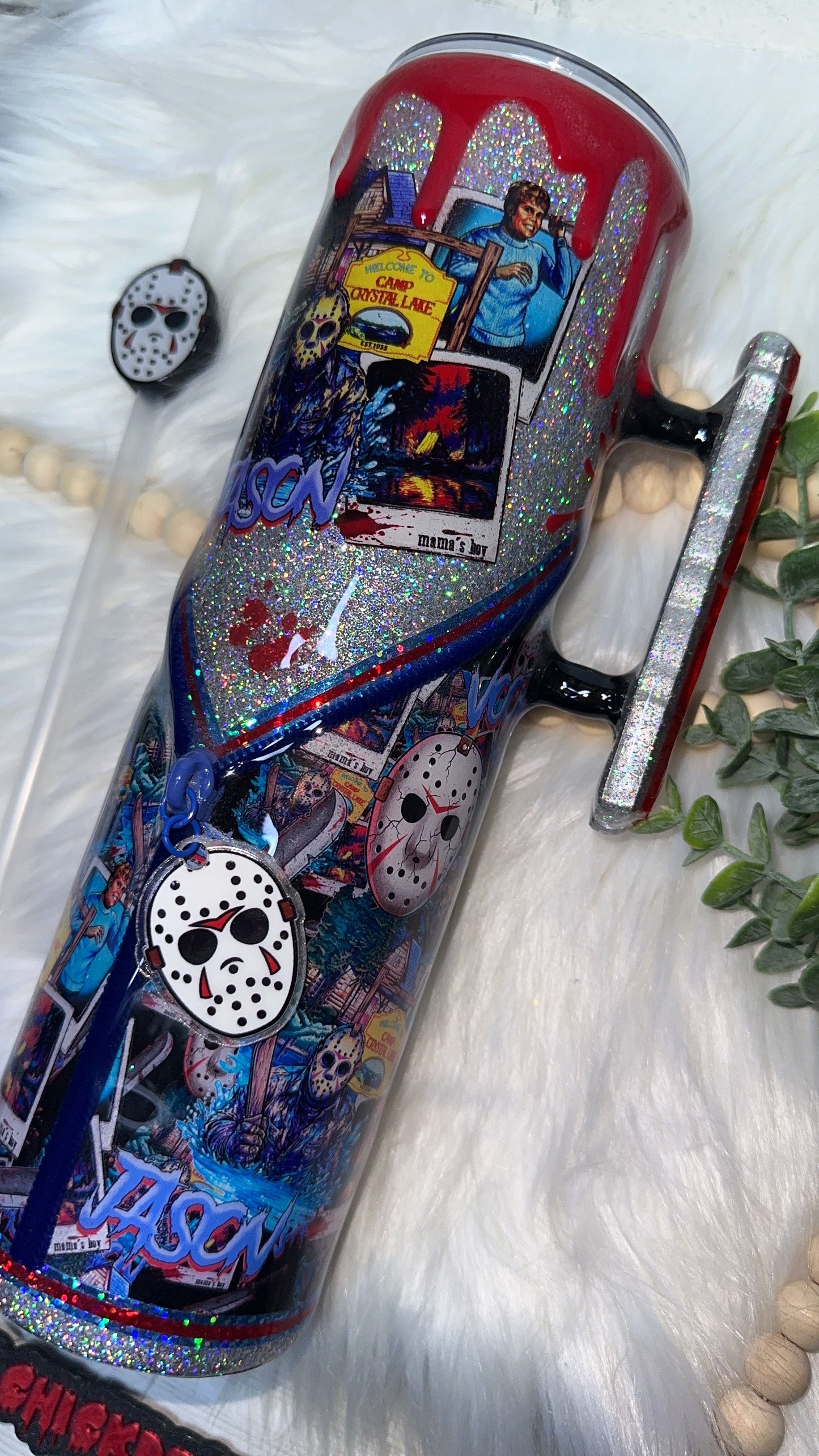 RTS {Jason Slasher Polaroid w Acrylic JASON Handle, SnowGlobe Bottom & Drip} 32oz Skinny