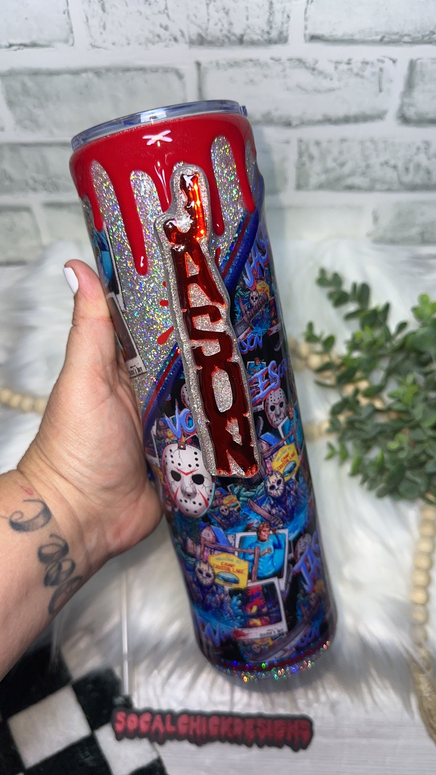 RTS {Jason Slasher Polaroid w Acrylic JASON Handle, SnowGlobe Bottom & Drip} 32oz Skinny