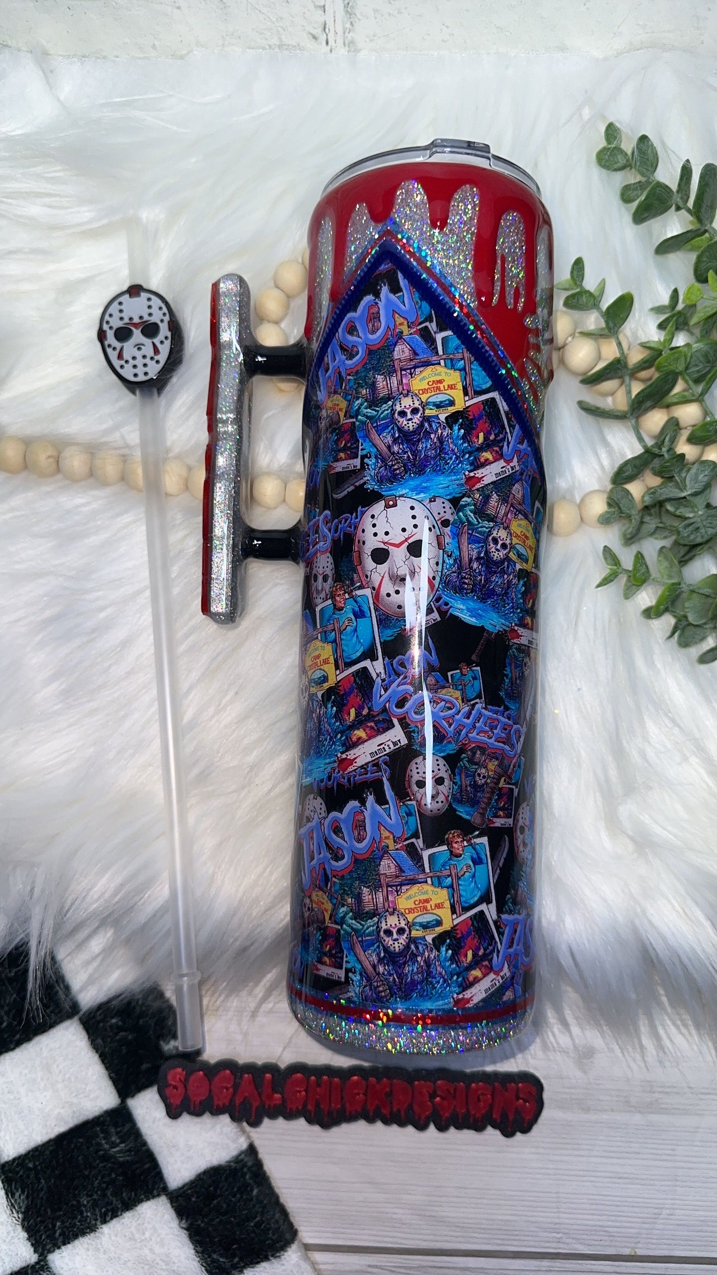 RTS {Jason Slasher Polaroid w Acrylic JASON Handle, SnowGlobe Bottom & Drip} 32oz Skinny