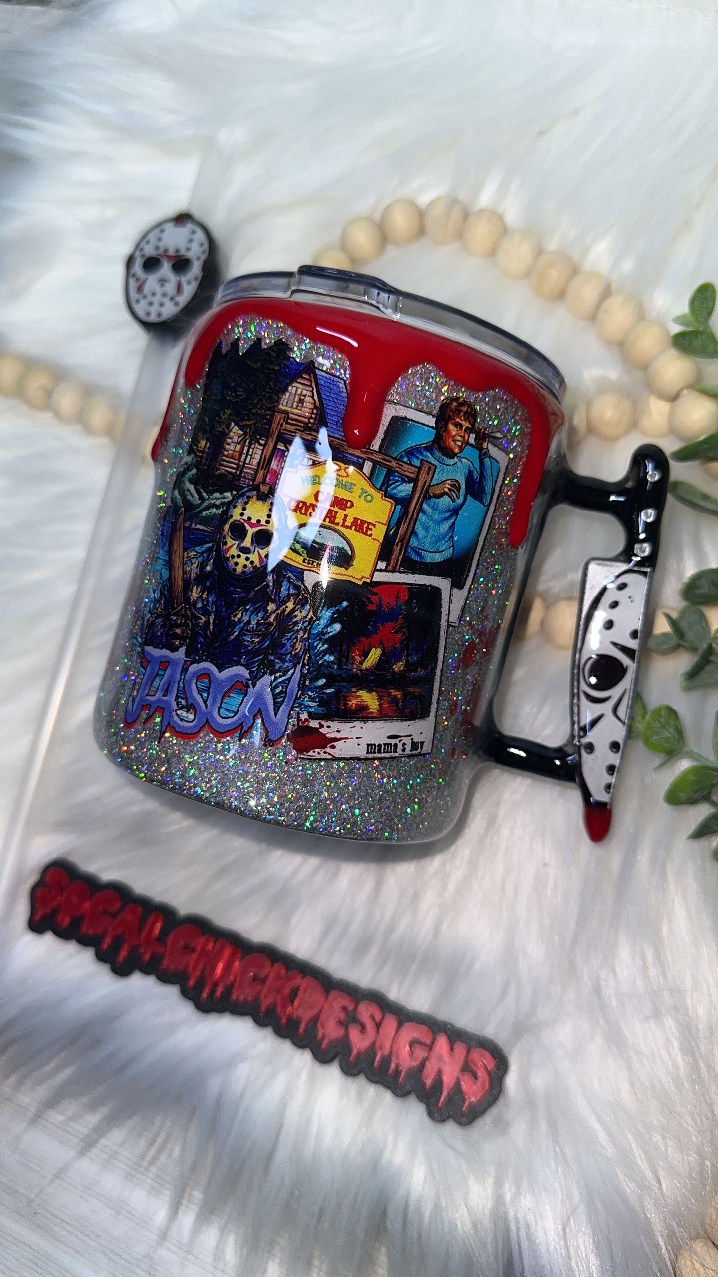 RTS {Jason Slasher Polaroid w Mini Knife Handle, SnowGlobe Bottom & Drip} 12oz Mug