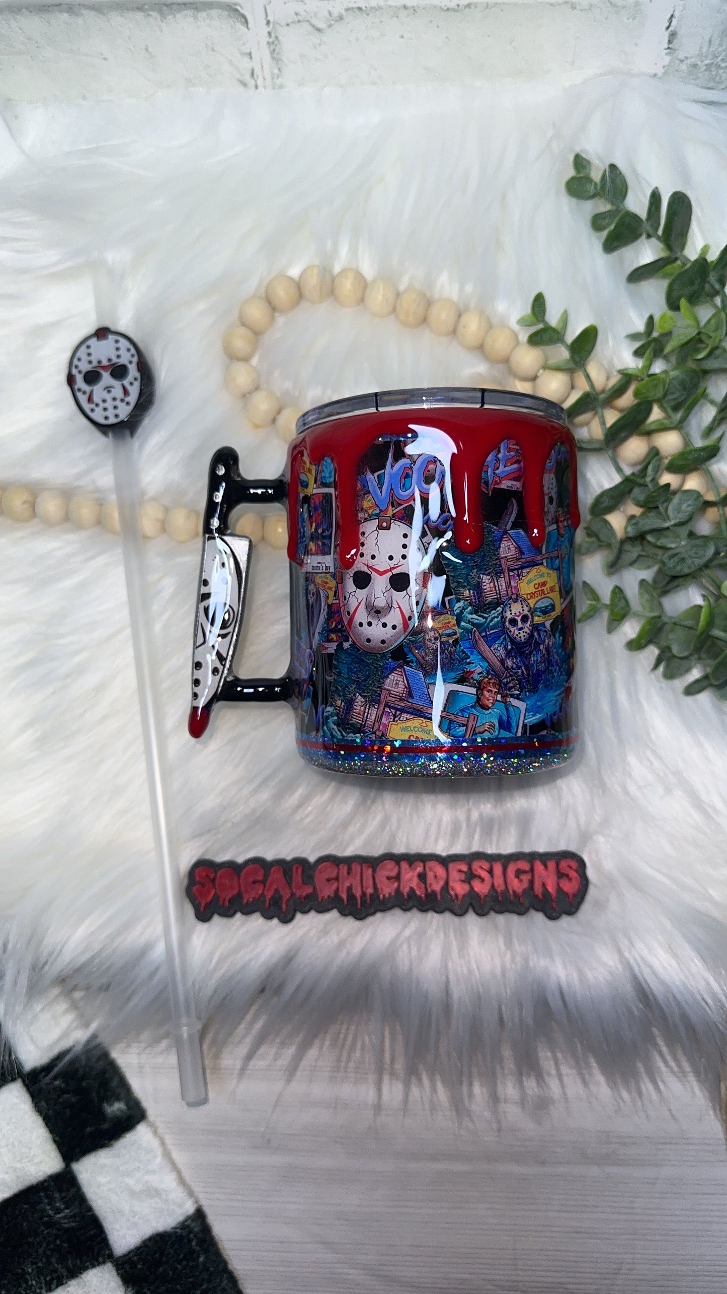 RTS {Jason Slasher Polaroid w Mini Knife Handle, SnowGlobe Bottom & Drip} 12oz Mug