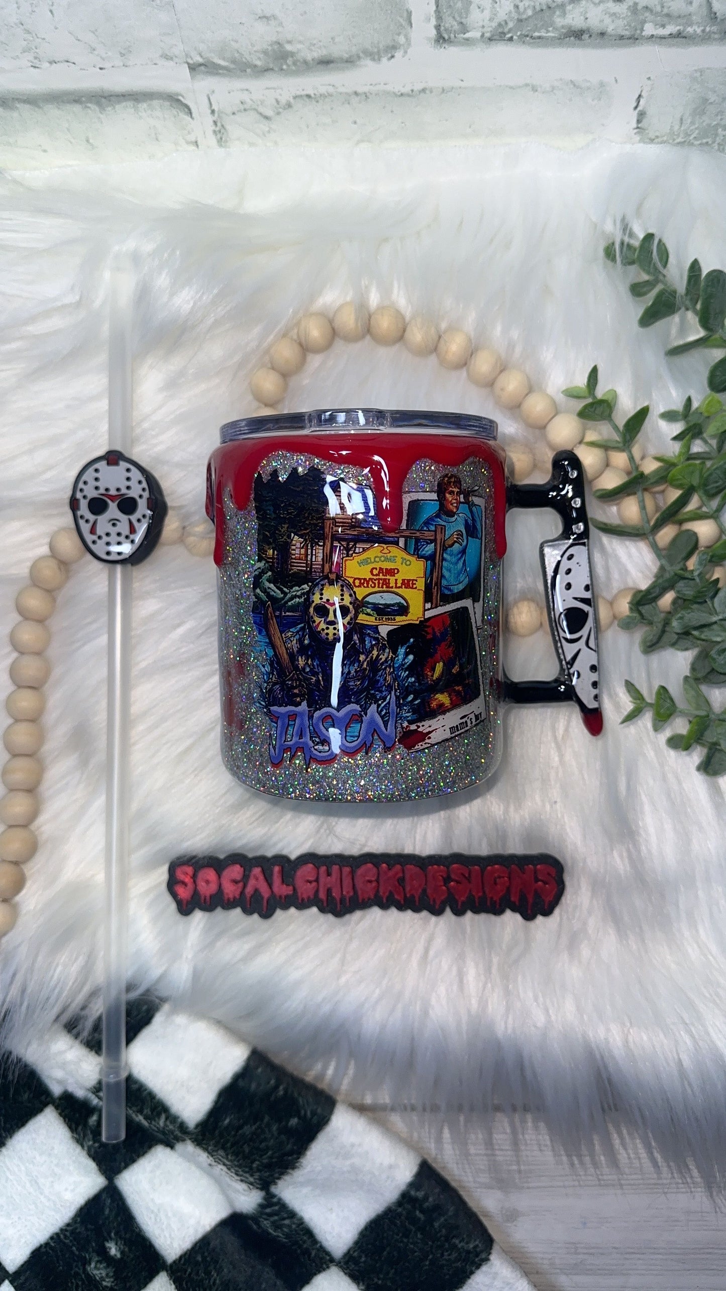RTS {Jason Slasher Polaroid w Mini Knife Handle, SnowGlobe Bottom & Drip} 12oz Mug