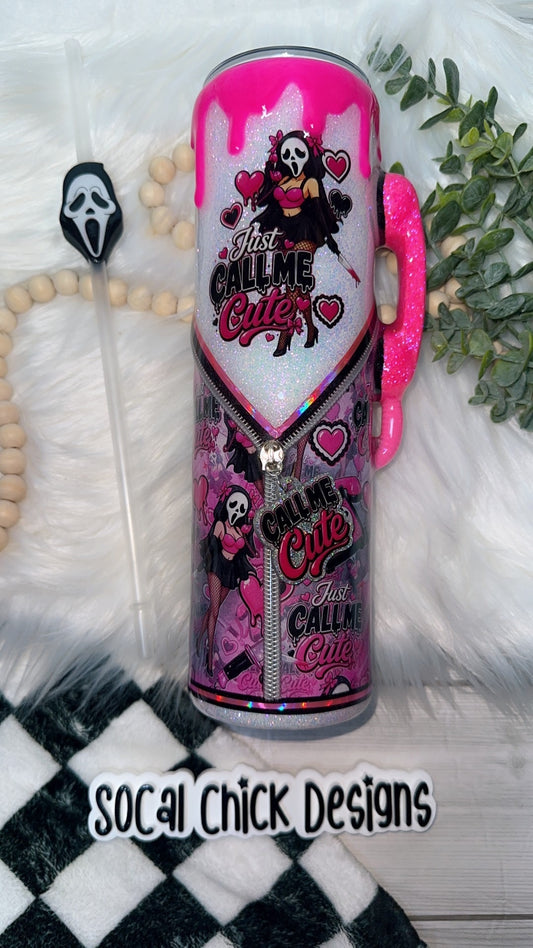 RTS {Just Call Me Cute w Phone Handle, Zipper, Charm, SnowGlobe Bottom & Drip} 32oz Skinny