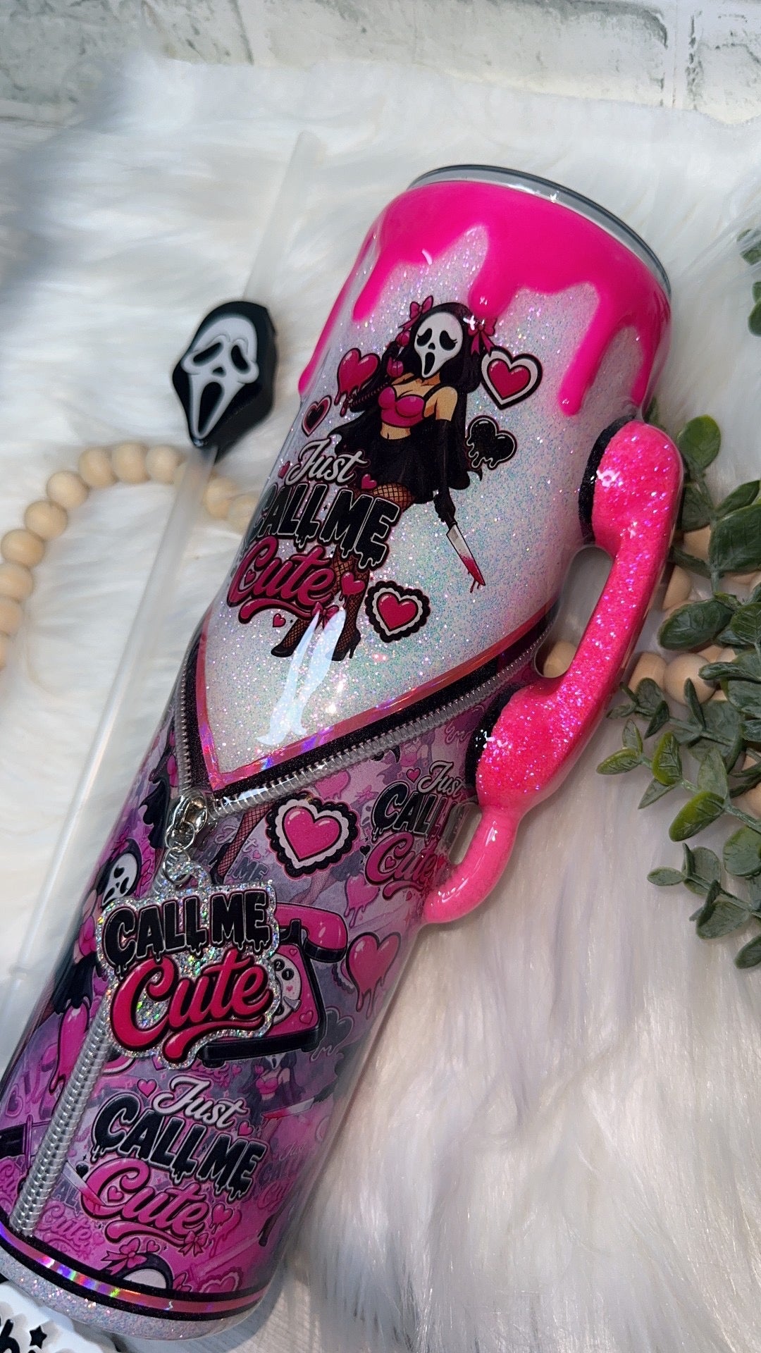 RTS {Just Call Me Cute w Phone Handle, Zipper, Charm, SnowGlobe Bottom & Drip} 32oz Skinny
