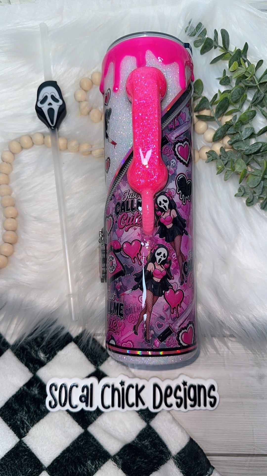 RTS {Just Call Me Cute w Phone Handle, Zipper, Charm, SnowGlobe Bottom & Drip} 32oz Skinny
