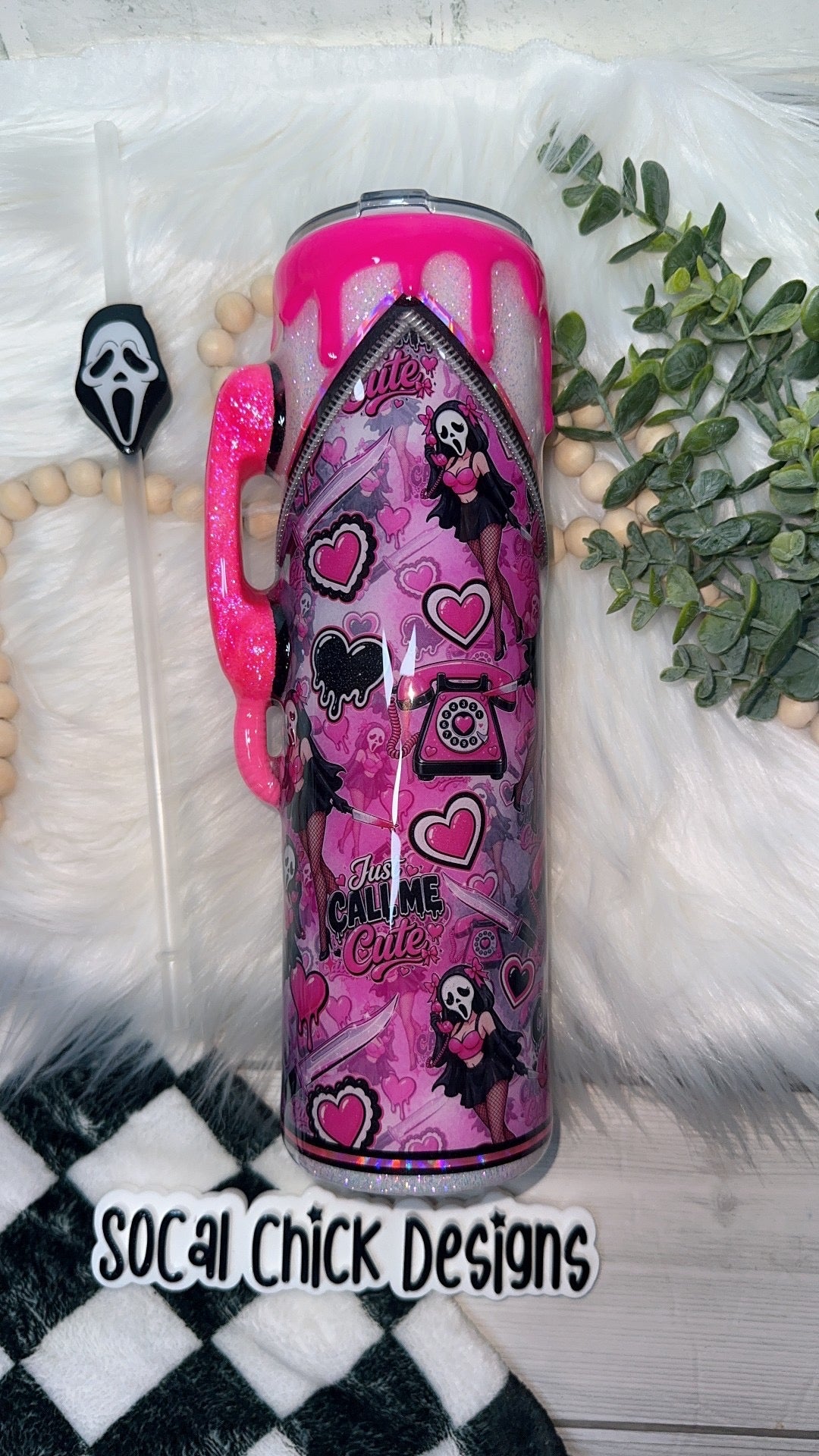 RTS {Just Call Me Cute w Phone Handle, Zipper, Charm, SnowGlobe Bottom & Drip} 32oz Skinny