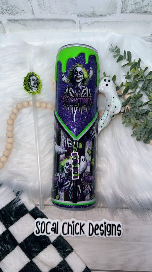 RTS {It's Showtime (Purple) w Ghost Handle, Zipper, Charm, SnowGlobe Bottom & Drip} 32oz Skinny