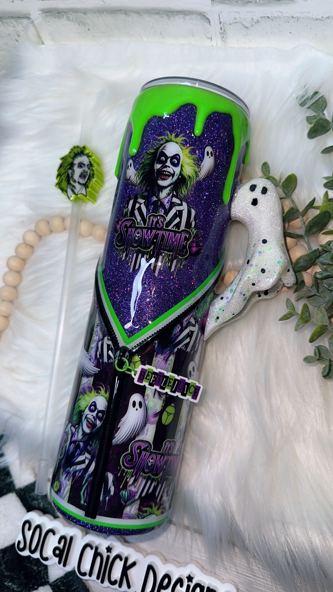 RTS {It's Showtime (Purple) w Ghost Handle, Zipper, Charm, SnowGlobe Bottom & Drip} 32oz Skinny