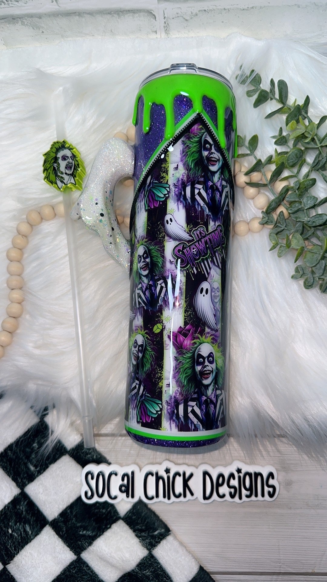RTS {It's Showtime (Purple) w Ghost Handle, Zipper, Charm, SnowGlobe Bottom & Drip} 32oz Skinny