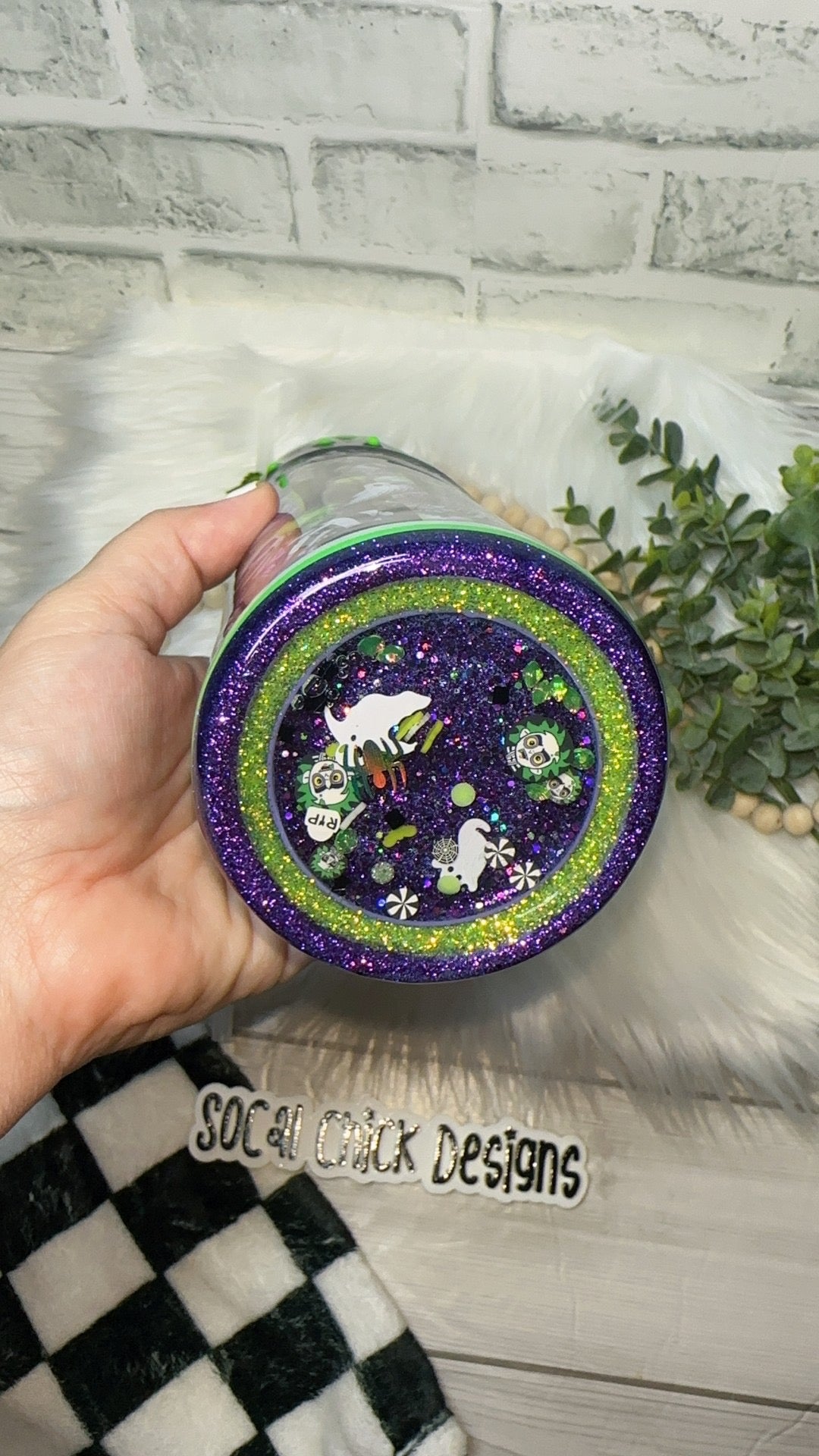 RTS {It's Showtime (Purple) w Ghost Handle, Zipper, Charm, SnowGlobe Bottom & Drip} 32oz Skinny