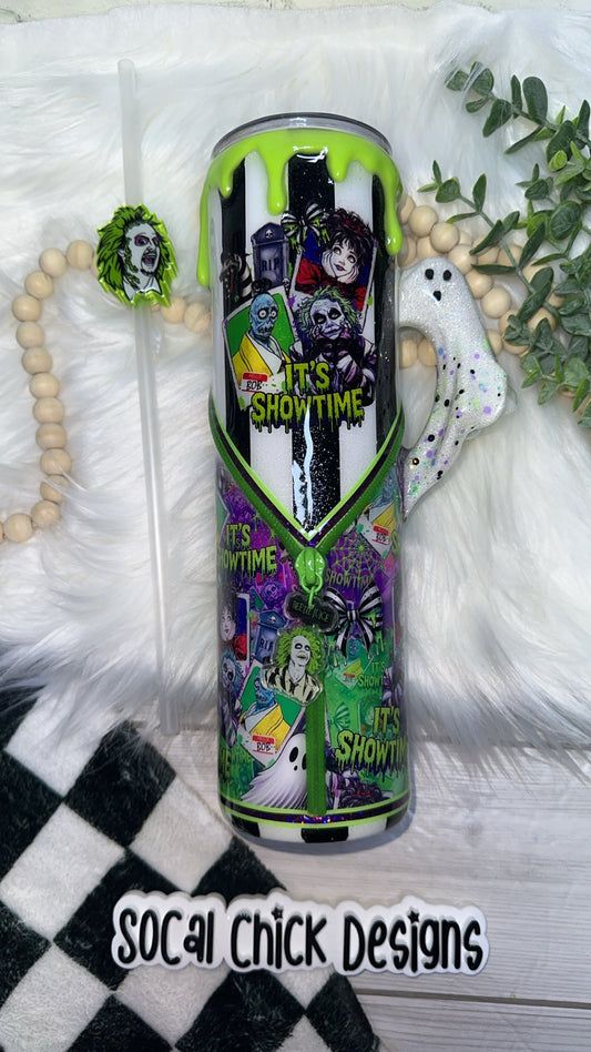 RTS {Polaroid "It's Showtime" (Striped) w Ghost Handle, Zipper, Charm, SnowGlobe Bottom & Drip} 32oz Skinny
