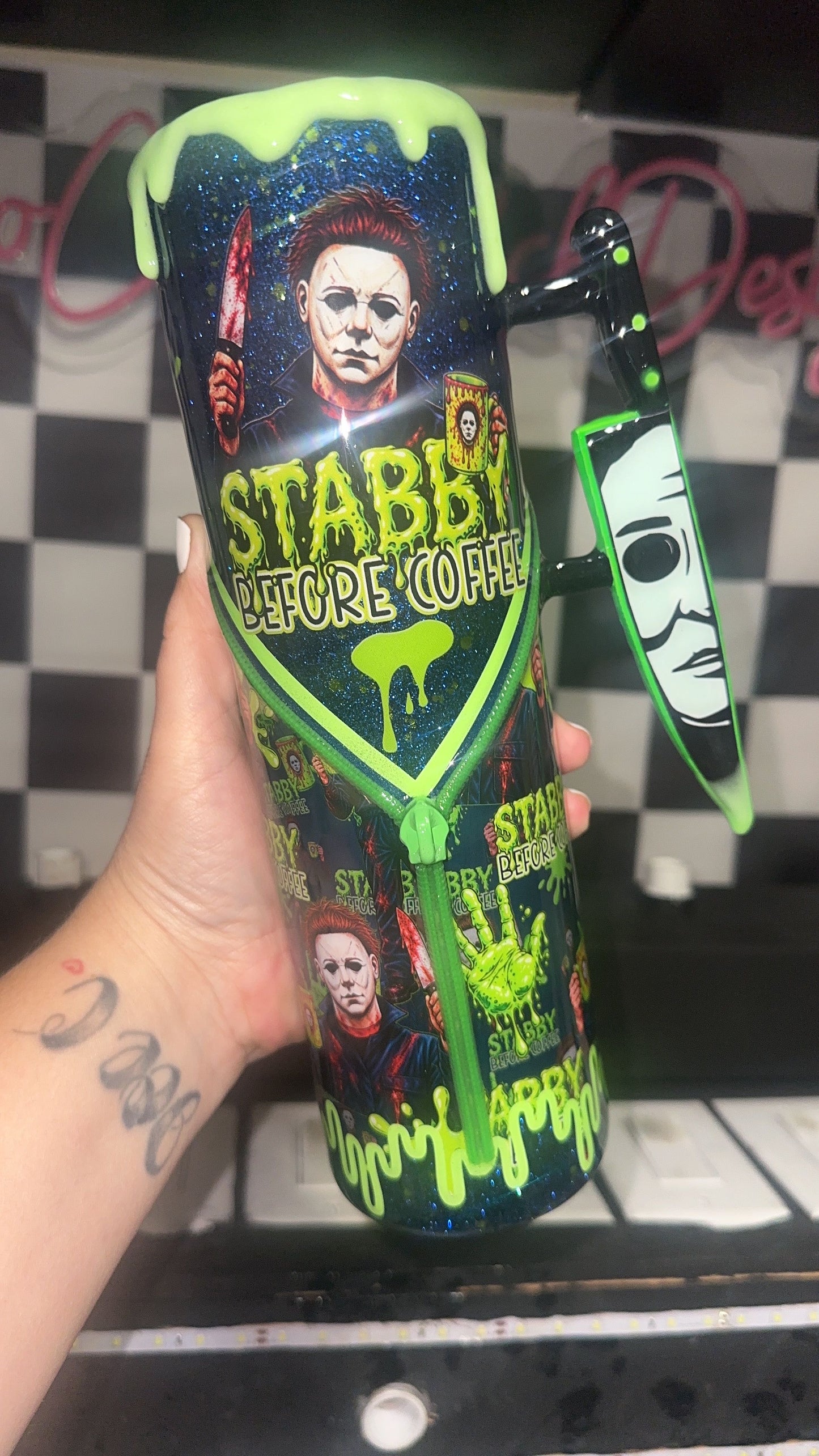 RTS {Stabby Before Coffee (MikeM), Zipper & Charm,  w Knife Handle, SnowGlobe Bottom & GLOW Drip, Matching Pen with Pen Topper Included} 32oz Skinny