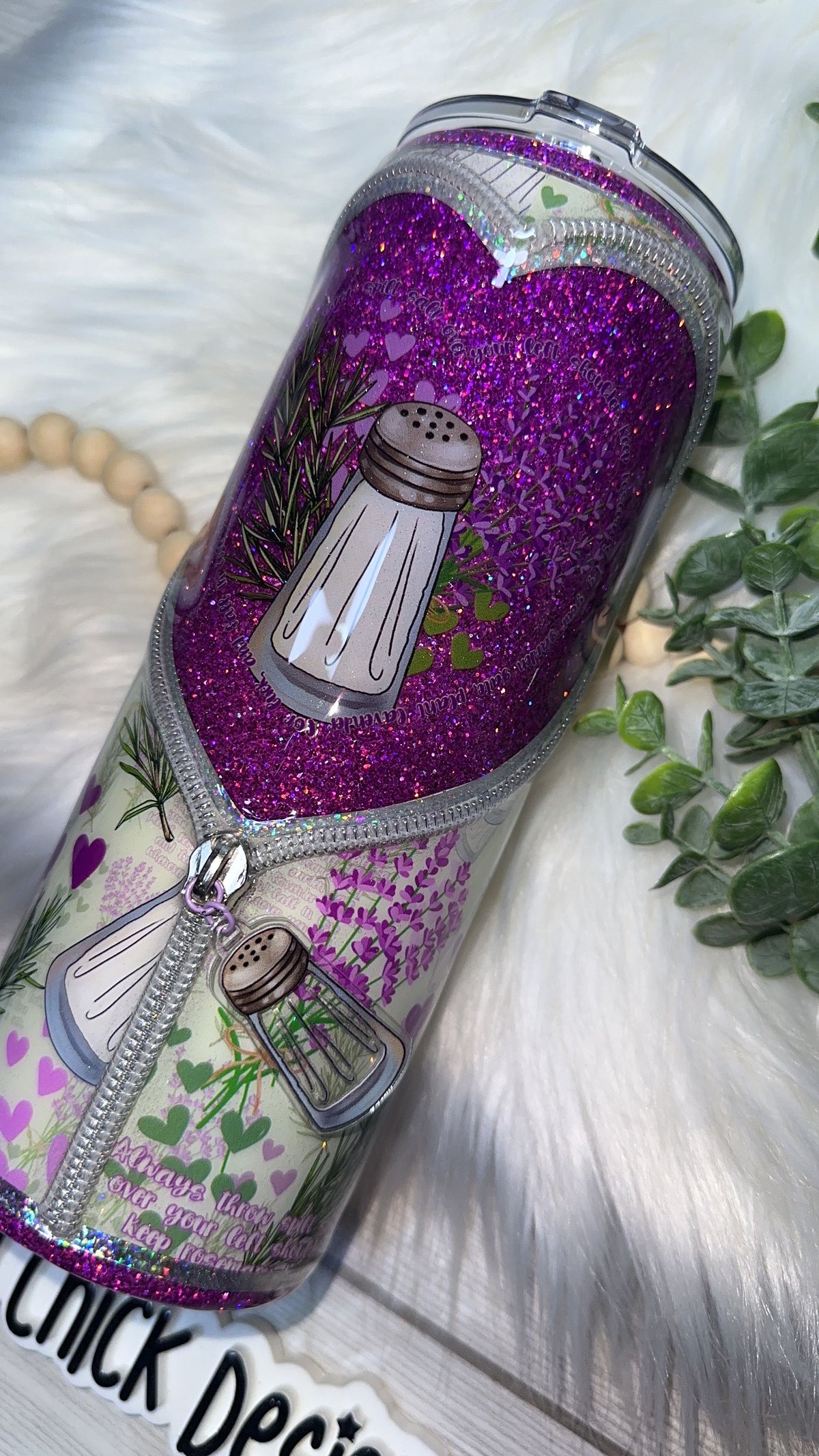 RTS {Salt, Rosemary & Love with Zipper, Charm & SnowGlobe Bottom} 24oz Skinny