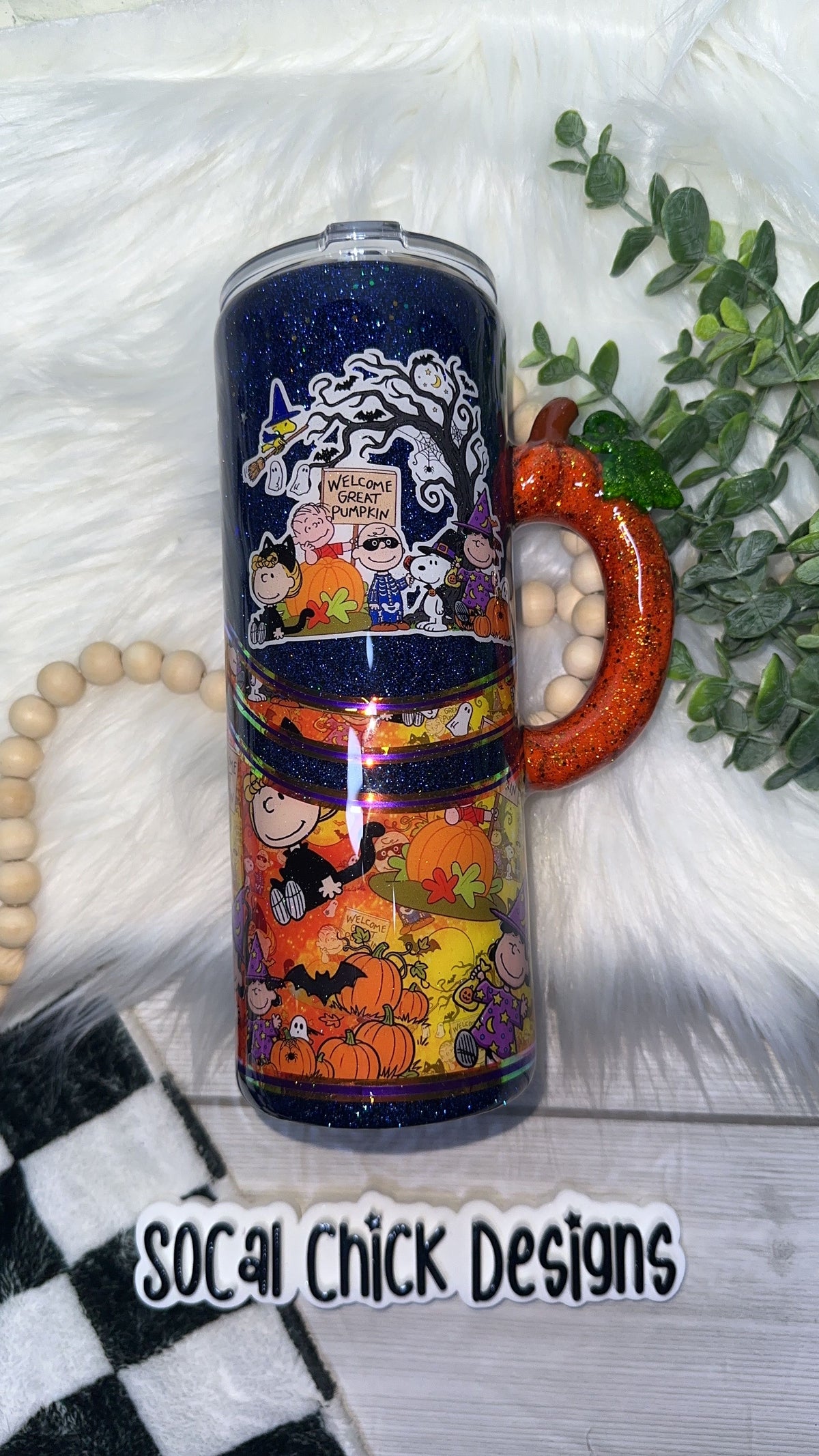 RTS {The Great Pumpkin with Pumpkin Handle & SnowGlobe Bottom} 24oz Skinny
