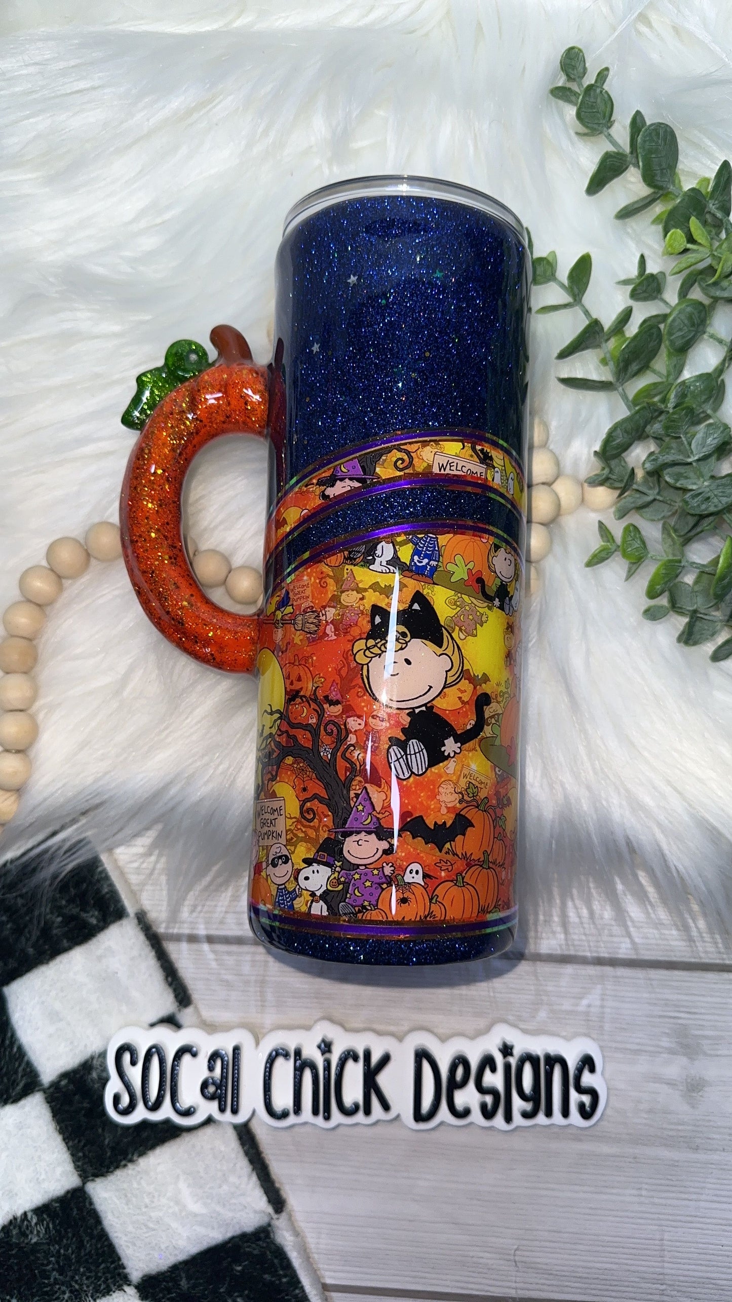 RTS {The Great Pumpkin with Pumpkin Handle & SnowGlobe Bottom} 24oz Skinny