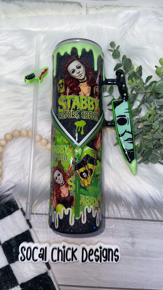 RTS {Stabby Before Coffee (MikeM Girl), Zipper & Charm,  w Knife Handle, SnowGlobe Bottom & GLOW Drip} 32oz Skinny