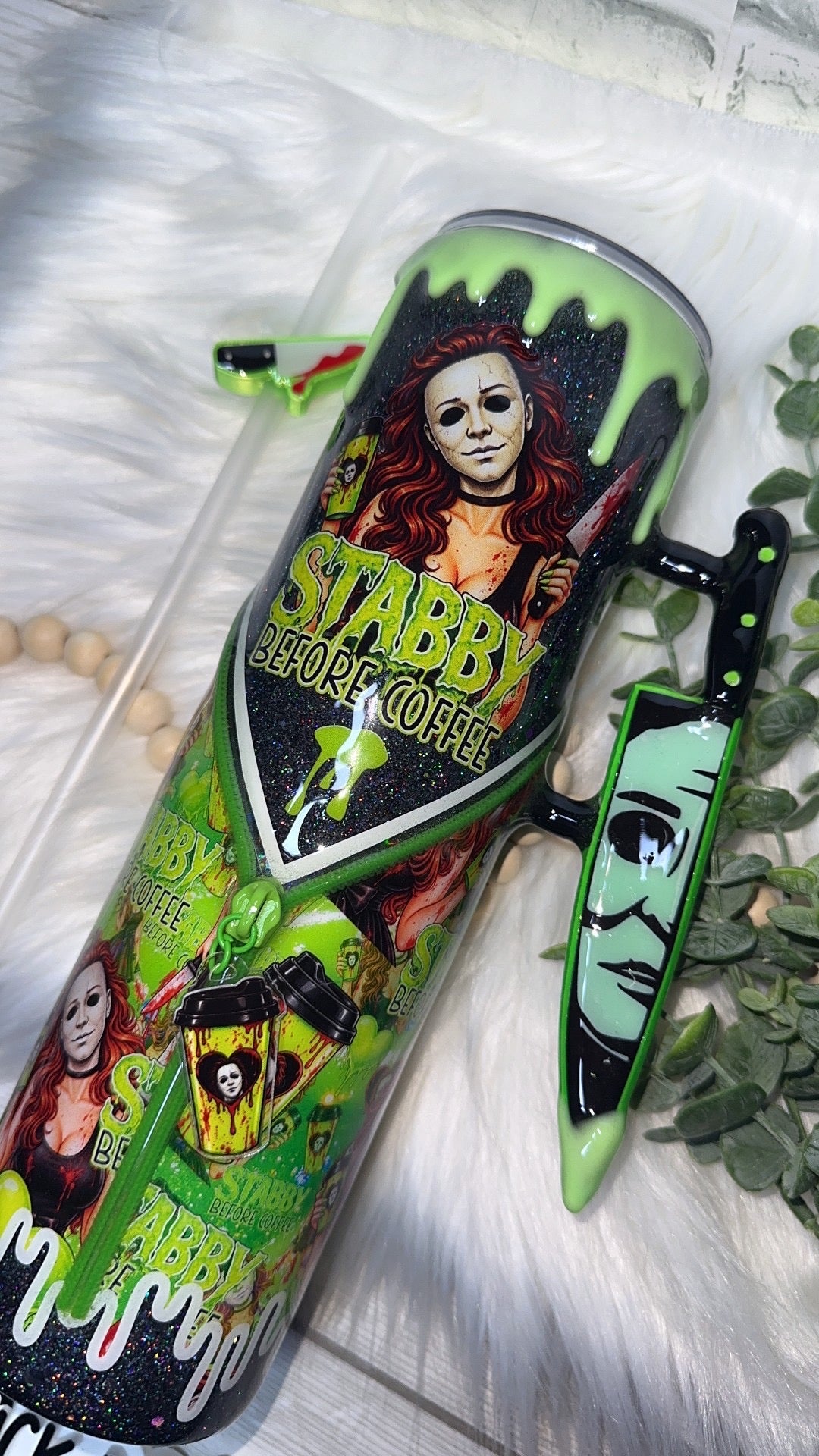 RTS {Stabby Before Coffee (MikeM Girl), Zipper & Charm,  w Knife Handle, SnowGlobe Bottom & GLOW Drip} 32oz Skinny