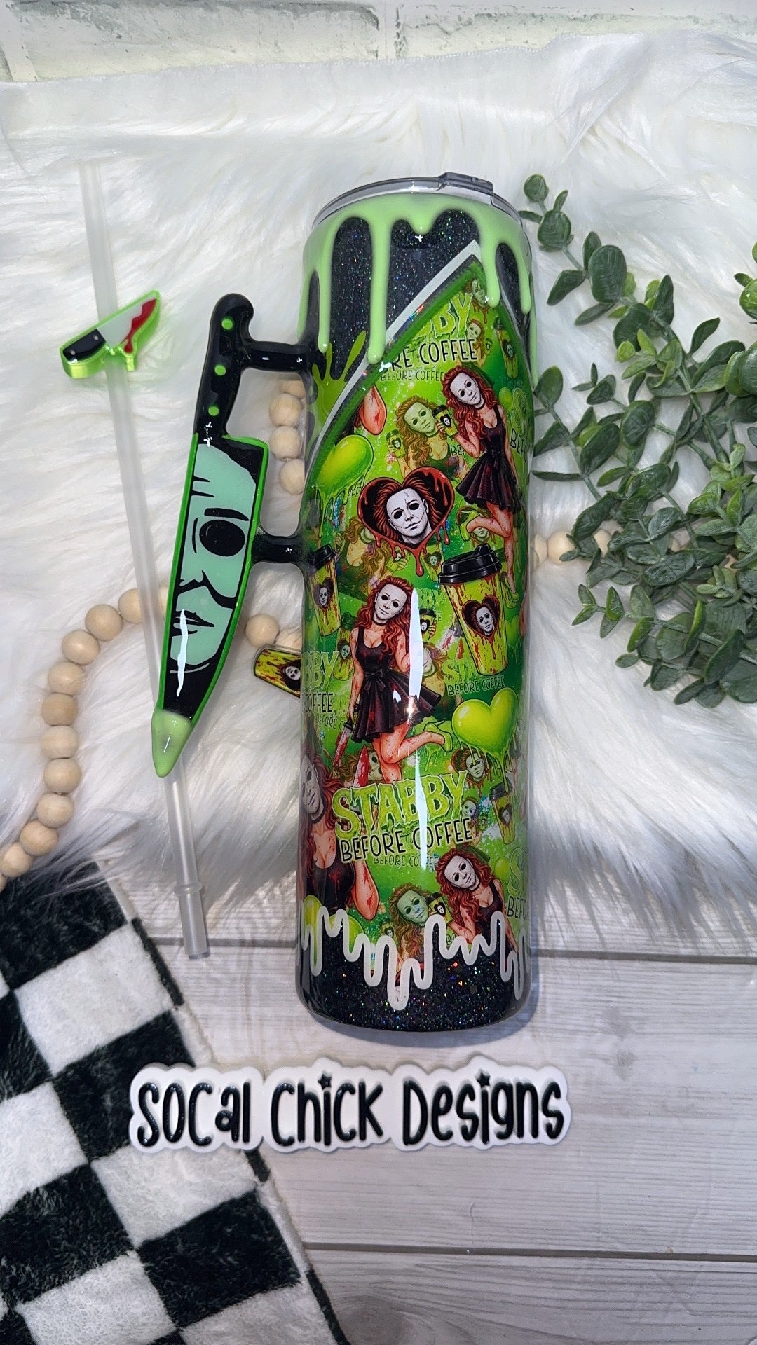 RTS {Stabby Before Coffee (MikeM Girl), Zipper & Charm,  w Knife Handle, SnowGlobe Bottom & GLOW Drip} 32oz Skinny